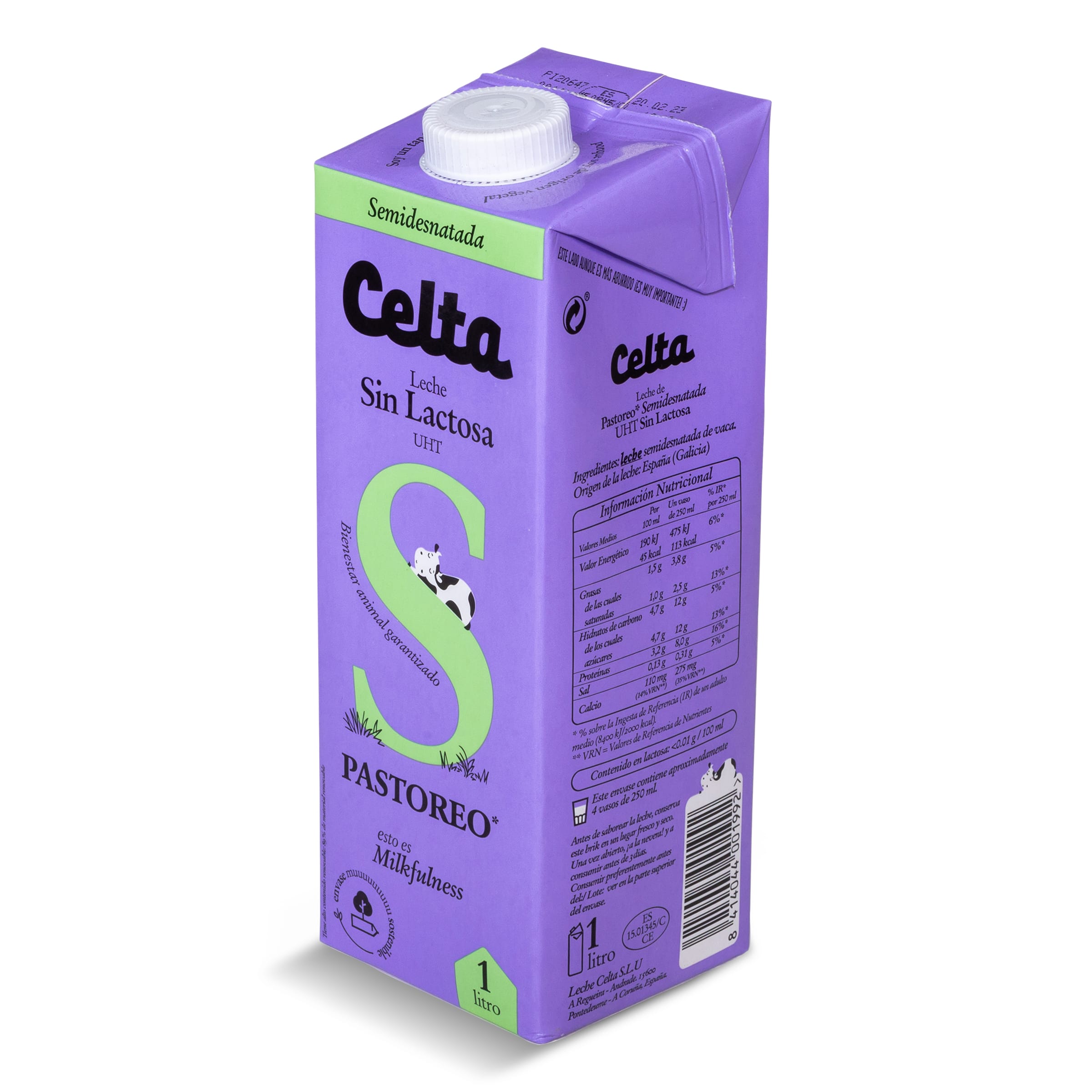 CELTA leche semidesnatada sin lactosa envase 1 lt