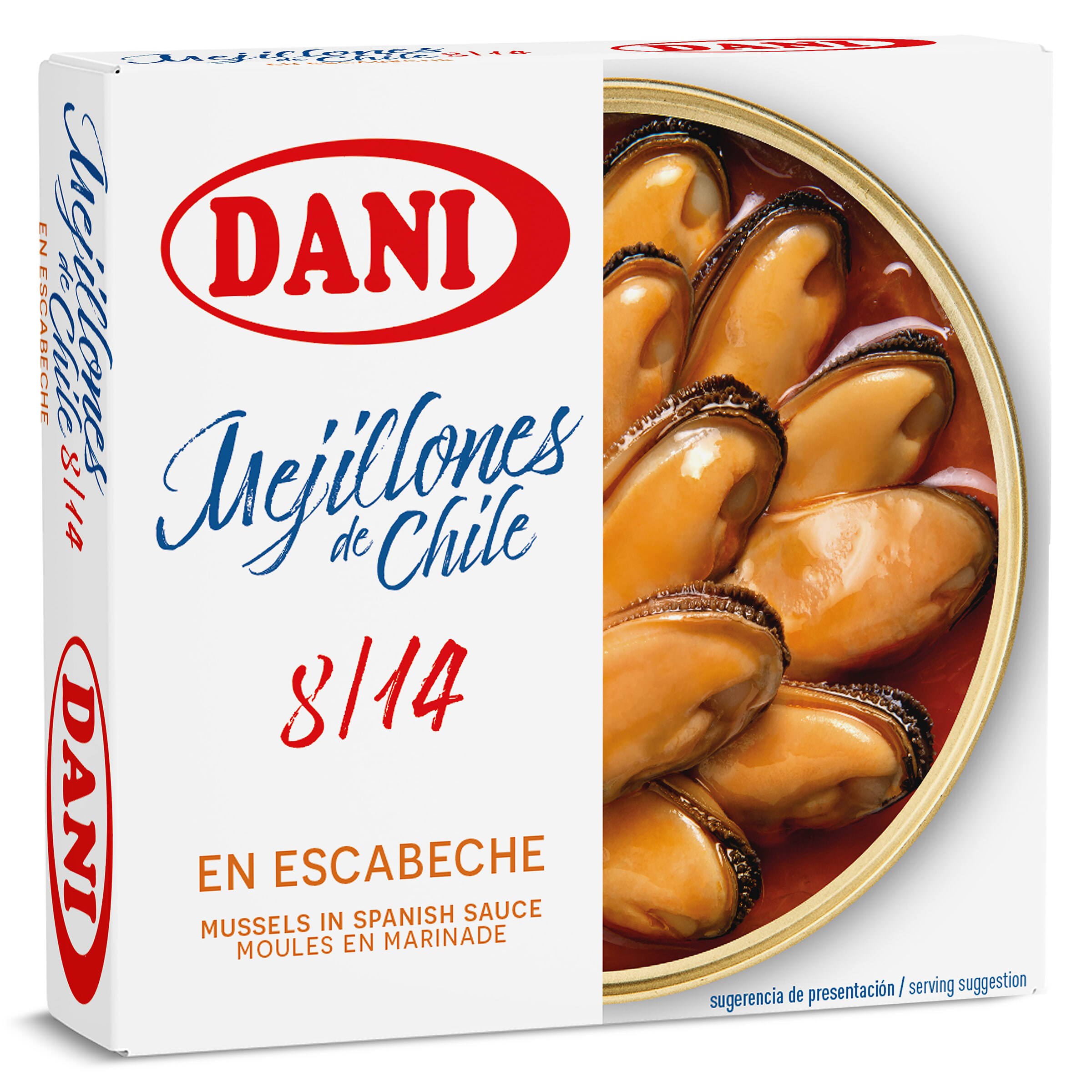 Mejillones de Chile en escabeche 8/14 piezas Dani lata 69 g