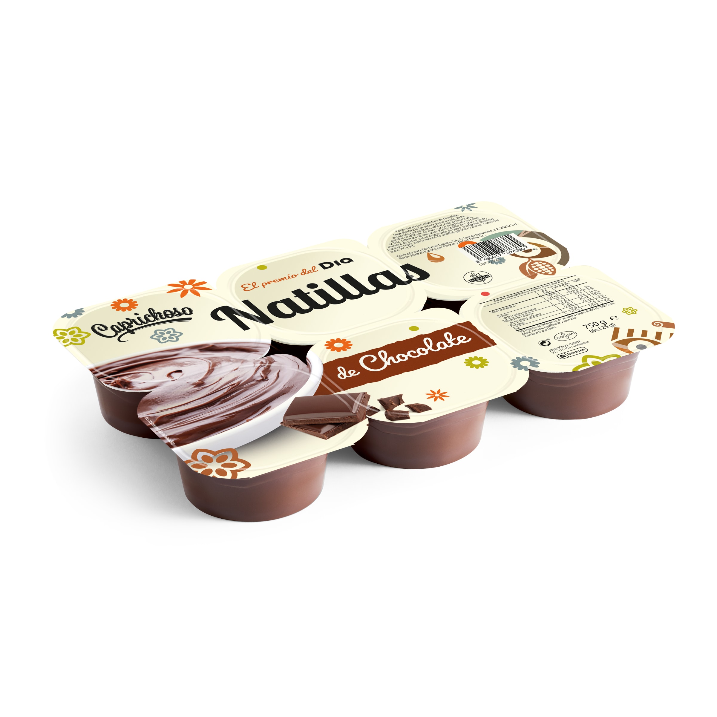 DIA CAPRICHOSO natillas sabor chocolate pack 6 unidades 125 gr