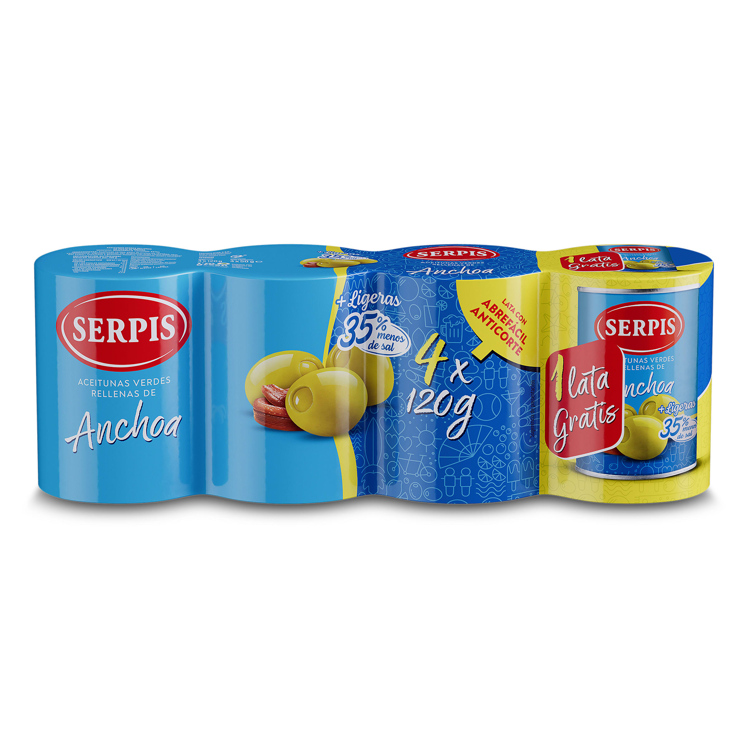 SERPIS aceitunas rellenas de anchoa 35% menos sal pack 3 latas 120 gr