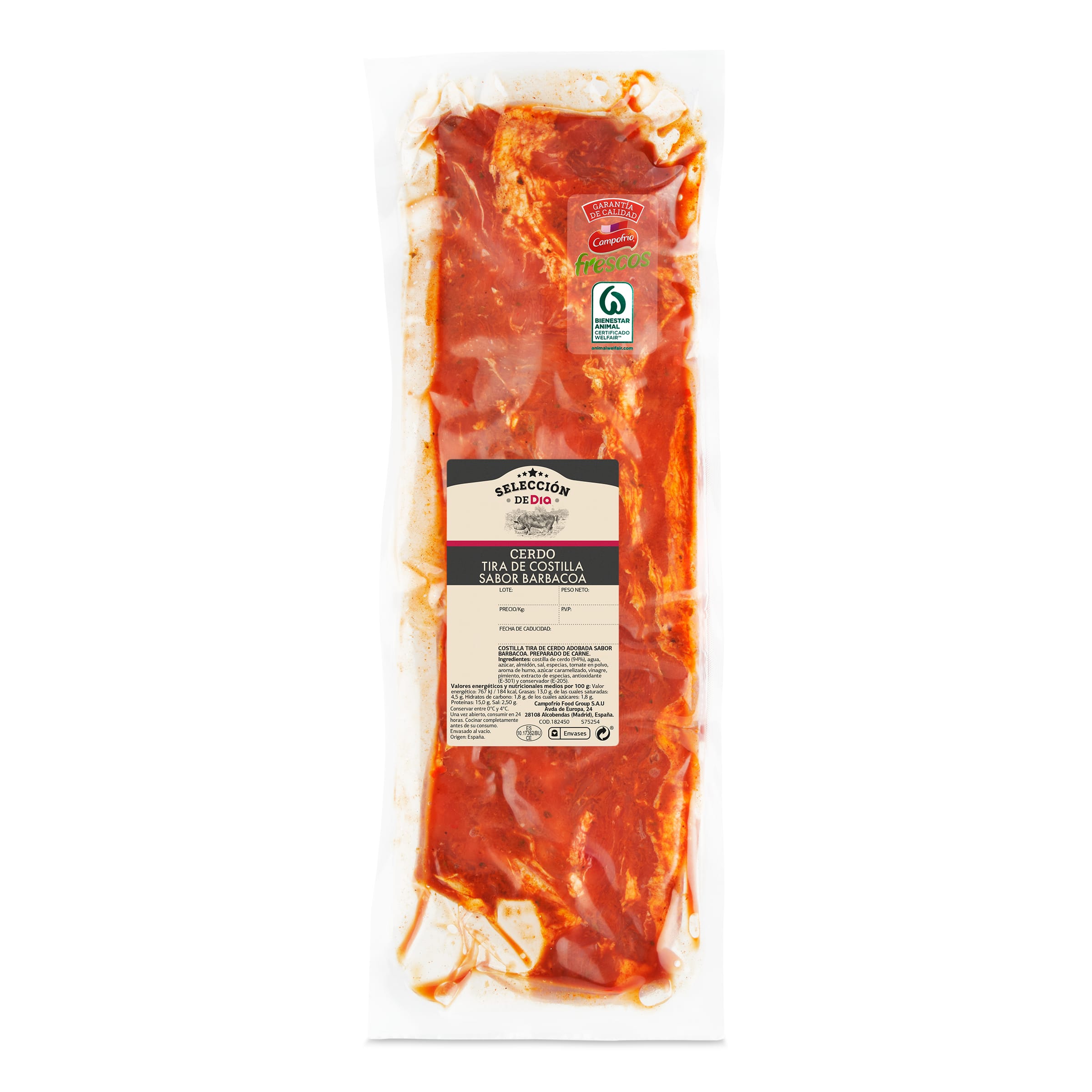 Tira de costilla de cerdo sabor barbacoa envasada al vacío SELECCION DE DIA  BOLSA 1350g