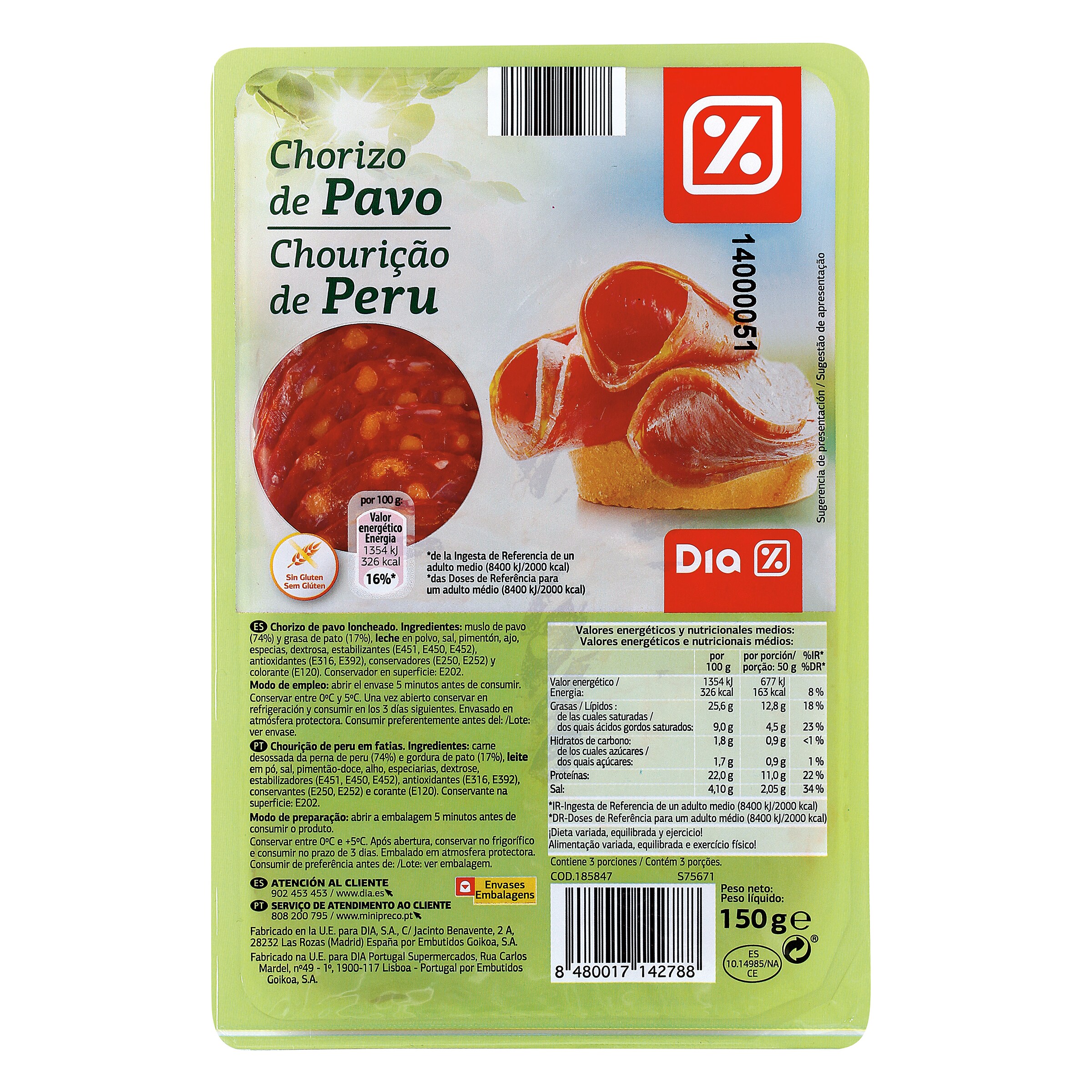 DIA chorizo de pavo en lonchas sobre 150 gr