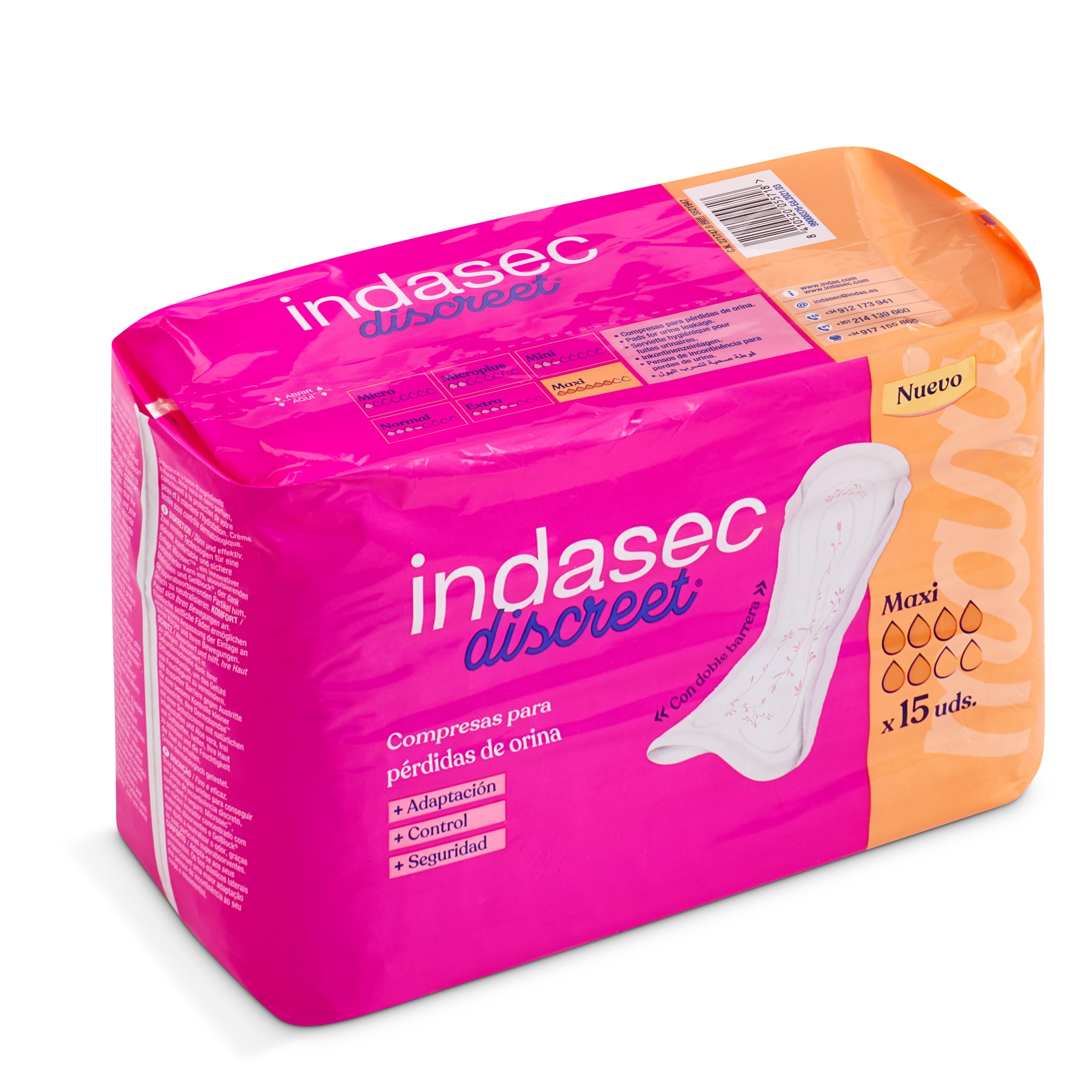 INDASEC Discreet compresas de incontinencia maxi bolsa 15 uds