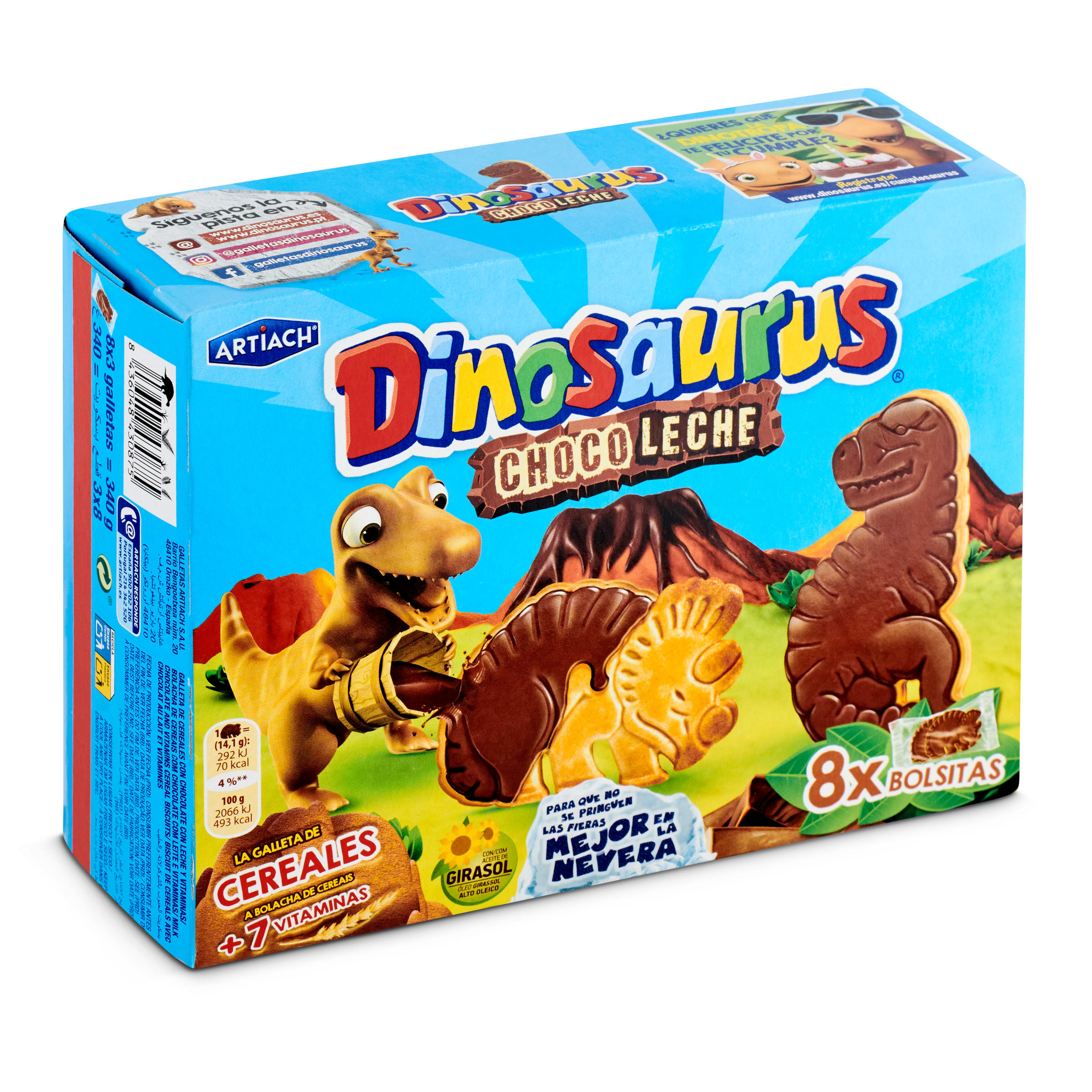 ARTIACH Dinosaurus galletas de cereales con chocolate y leche caja 340 gr