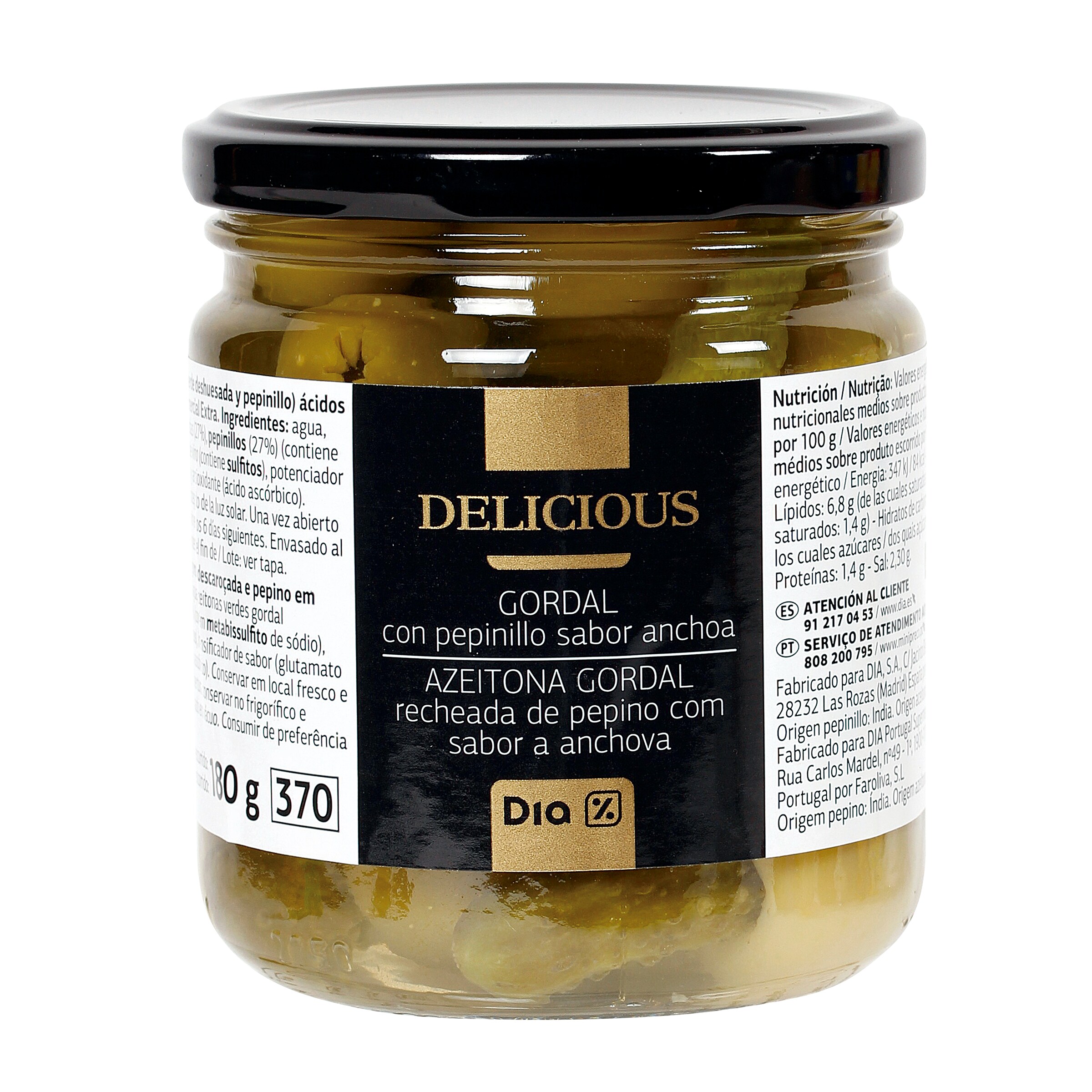 DIA DELICIOUS aceitunas gordal con pepinillo frasco 180 gr