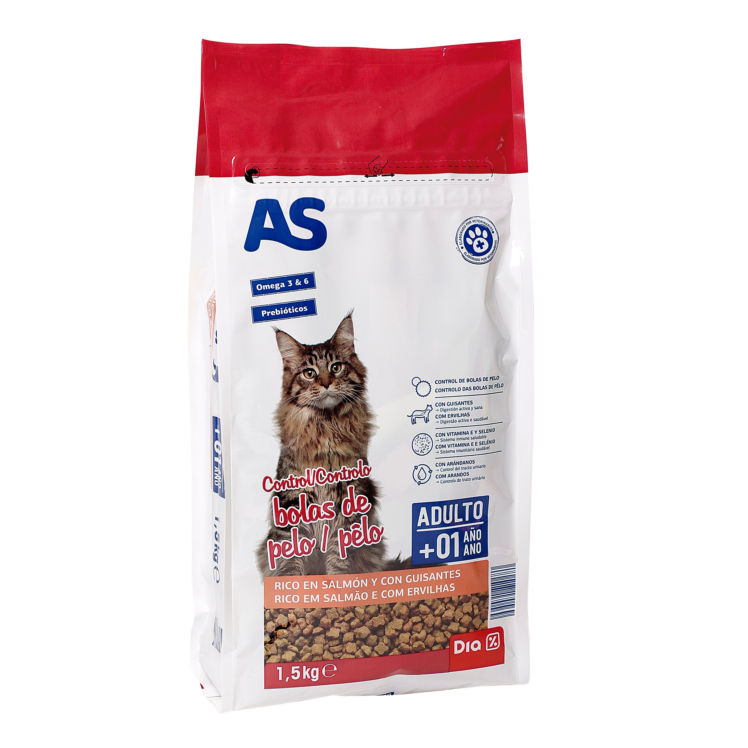AS alimento para gatos control bolas de pelo rico en salmón con guisantes bolsa 1.5 Kg