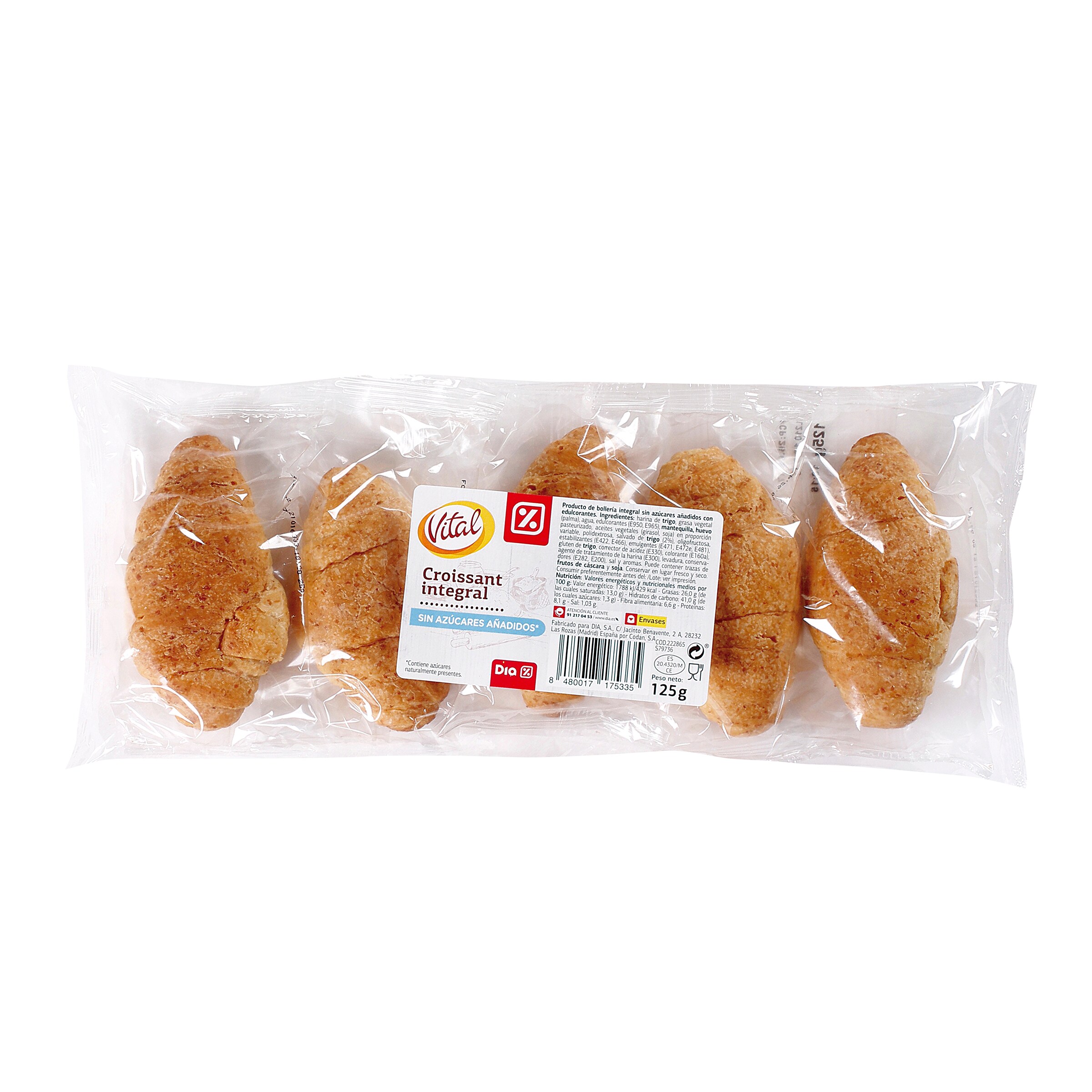DIA VITAL croissants integrales sin azúcar bolsa 125 gr