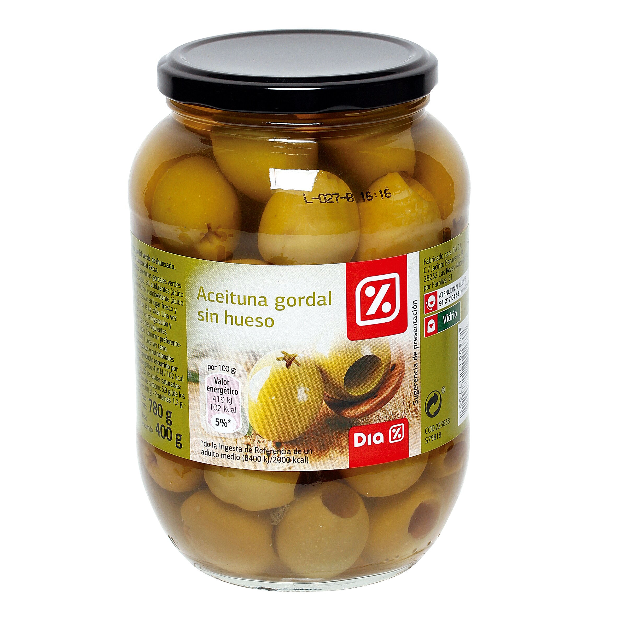 DIA aceitunas gordal sin hueso frasco 400 gr
