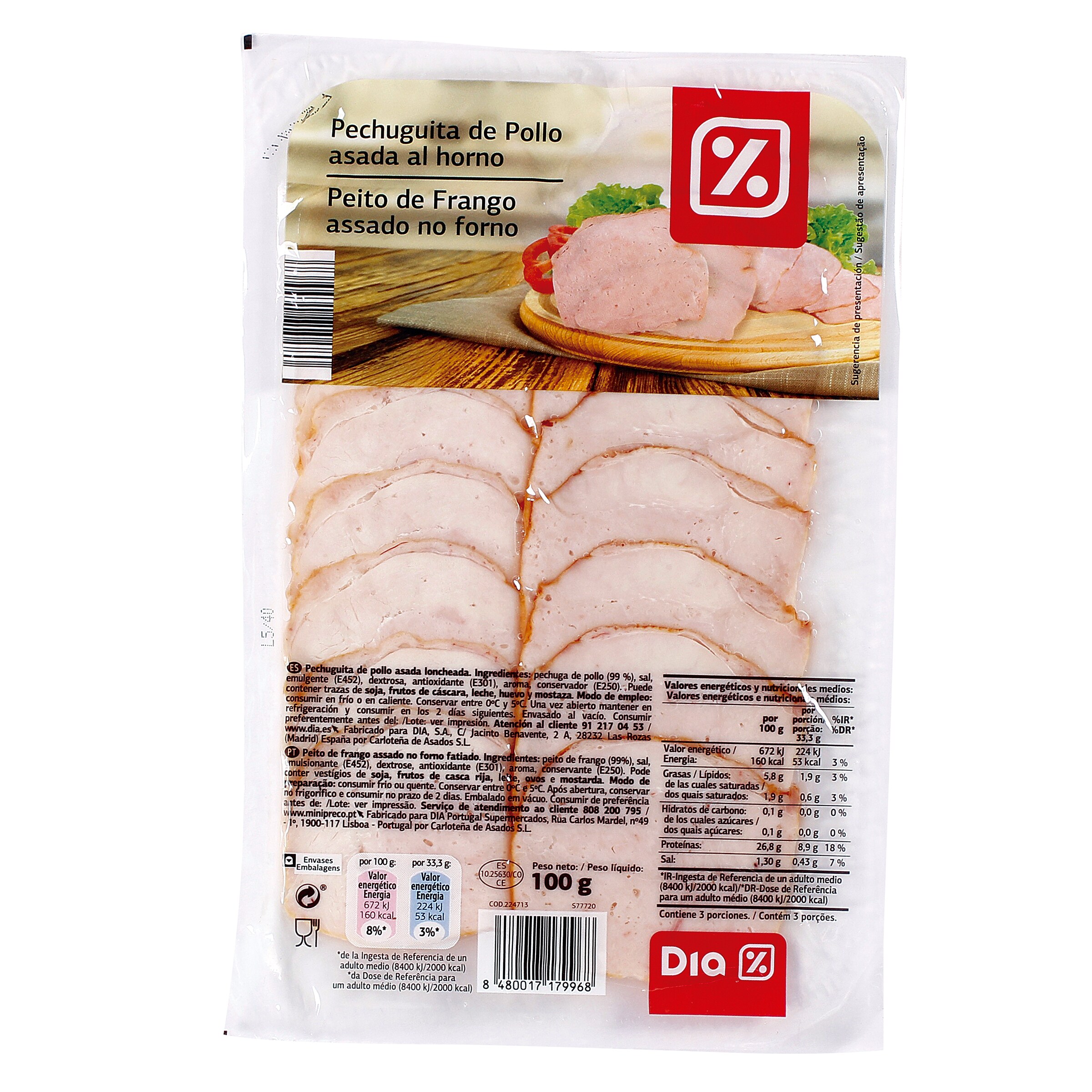 DIA pechuguita de pollo asada al horno en lonchas sobre 100 gr