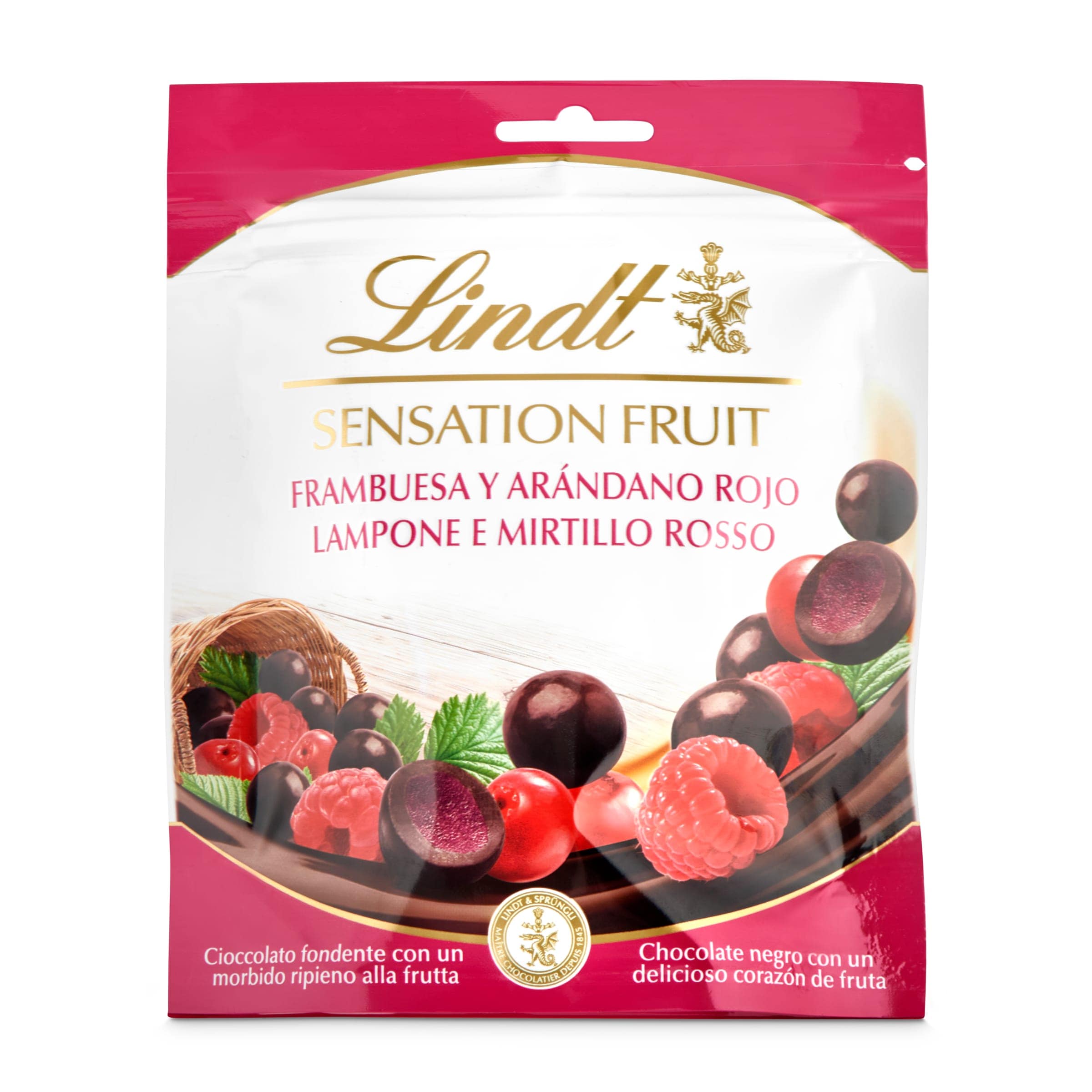 LINDT Sensation chocolate negro con frambuesa y arándano rojo bolsa 150 gr