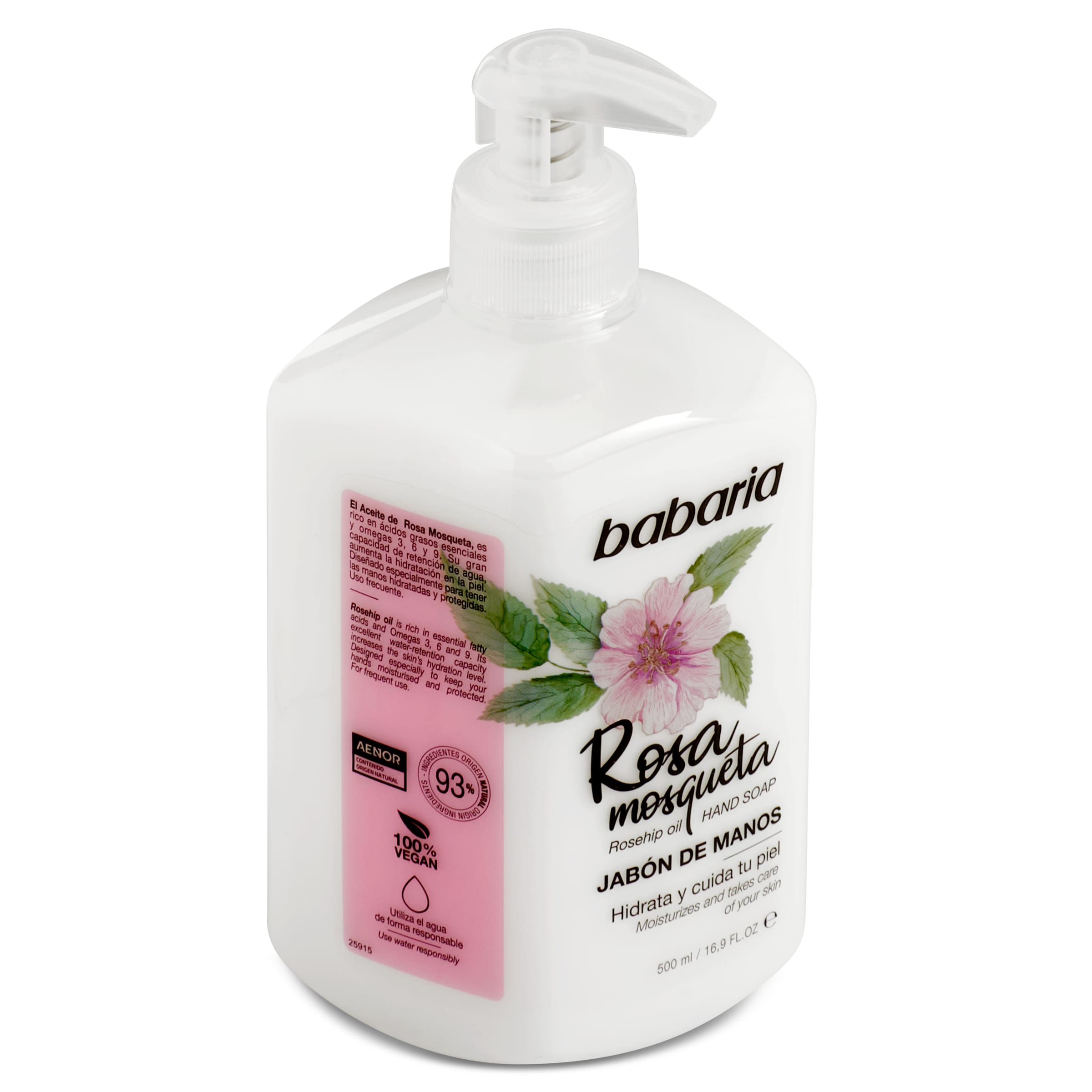 BABARIA jabón líquido de manos rosa mosqueta dosificador 500 ml