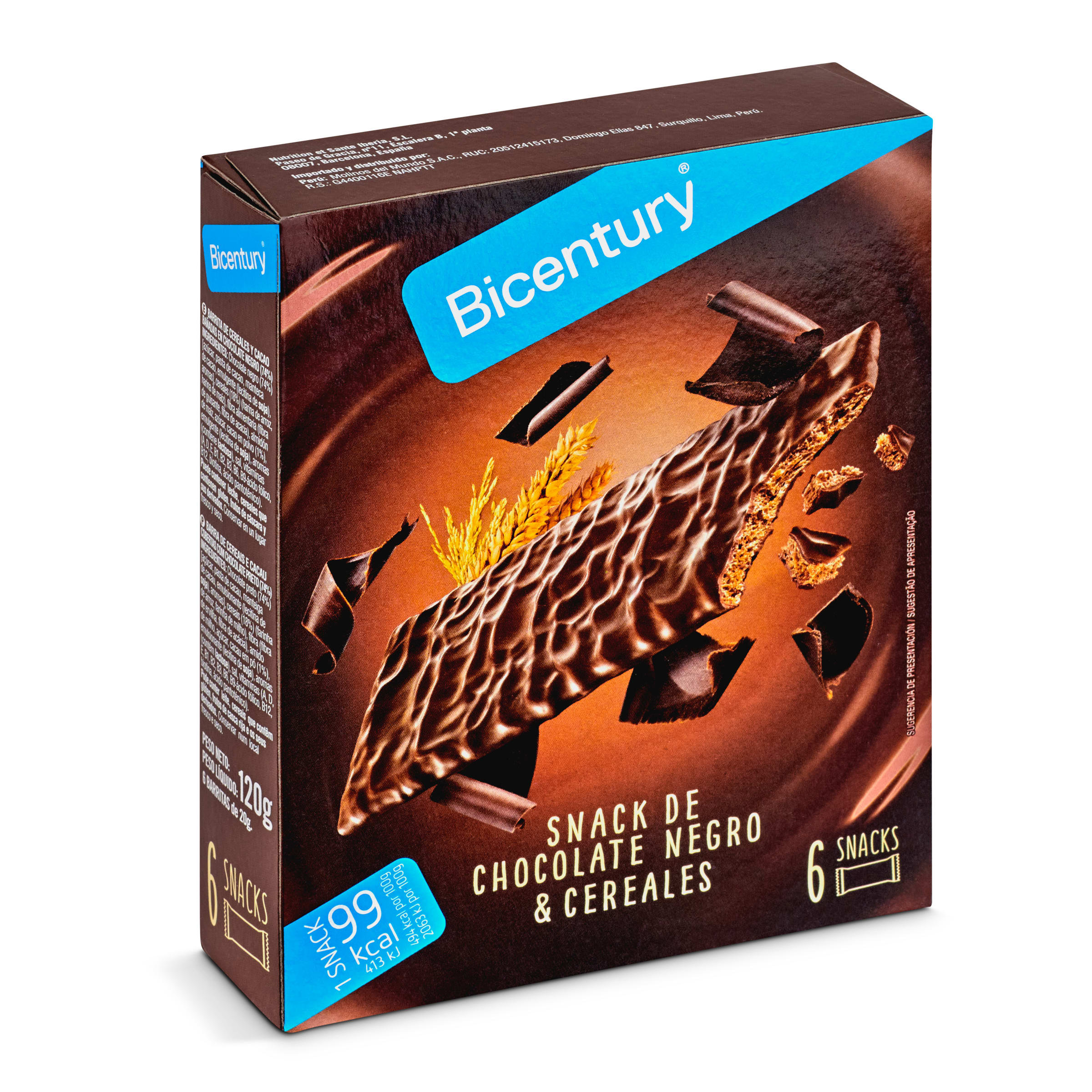 BICENTURY barritas de chocolate negro y cereales caja 6 uds