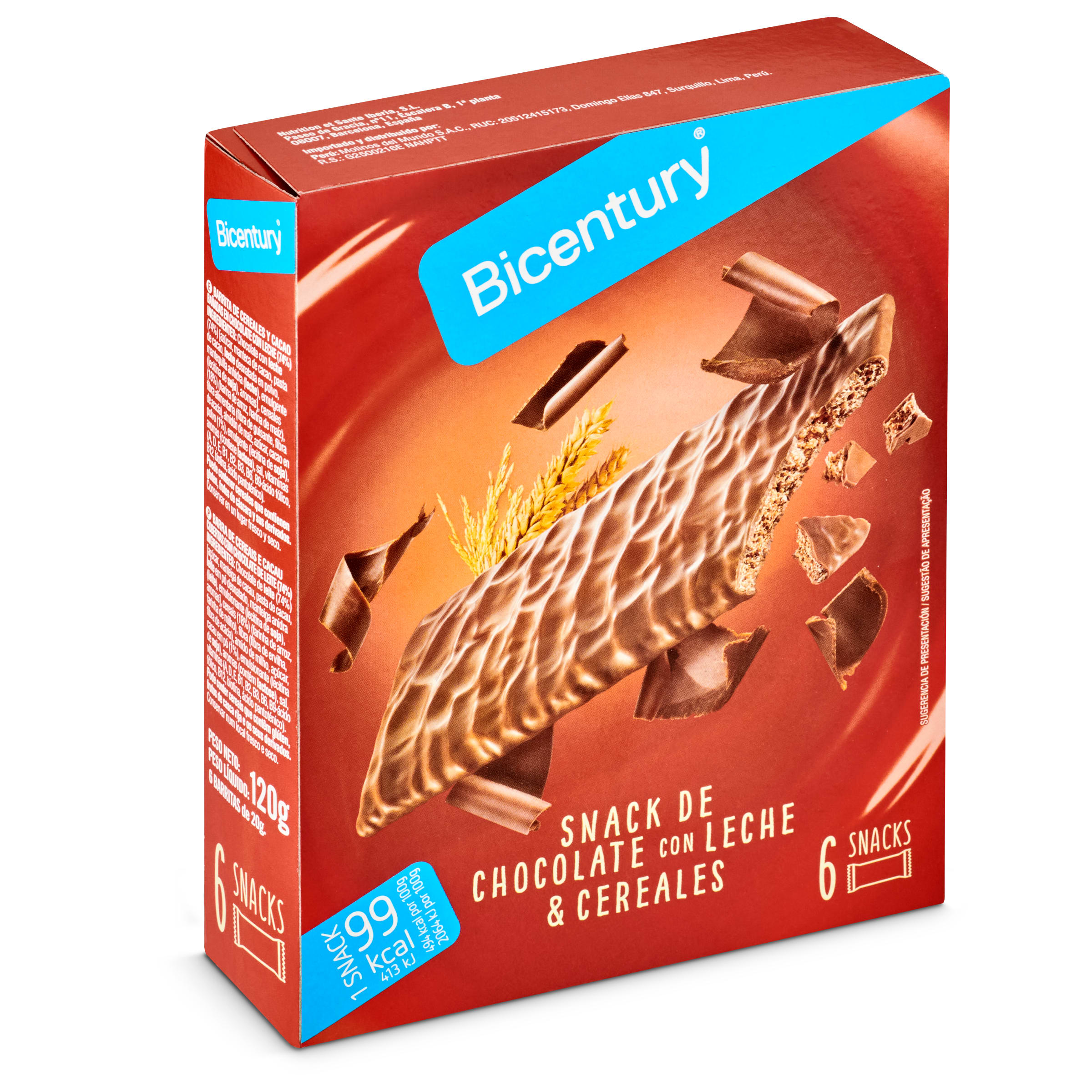 BICENTURY barritas de chocolate con leche y cereales caja 6 uds