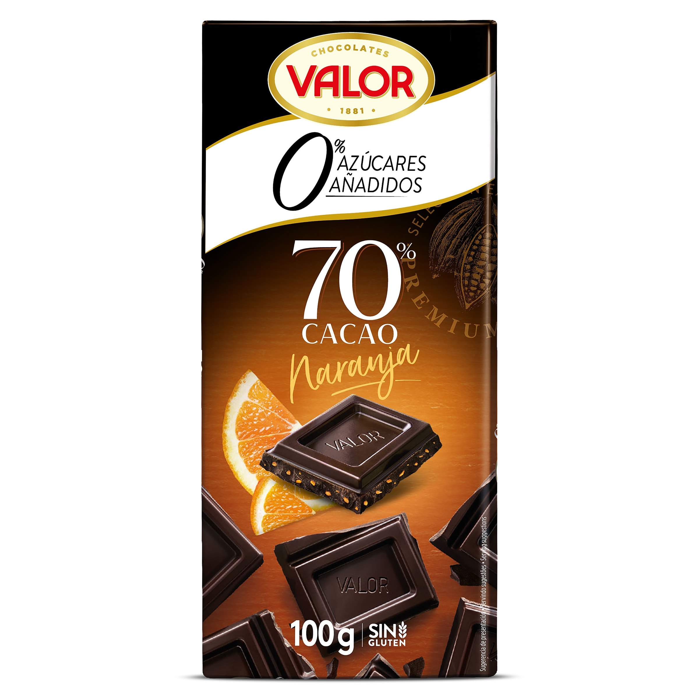 Chocolate negro 70% naranja sin azúcar añadido Valor 100 g