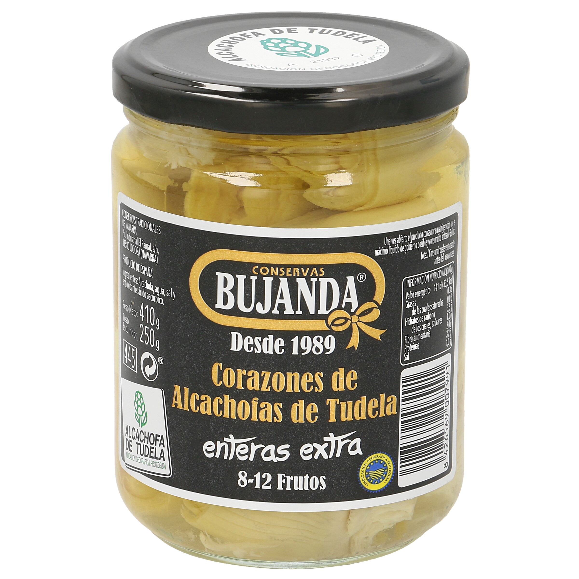 BUJANDA corazones de alcachofas de tudela enteras extra 8/12 piezas frasco 250 gr
