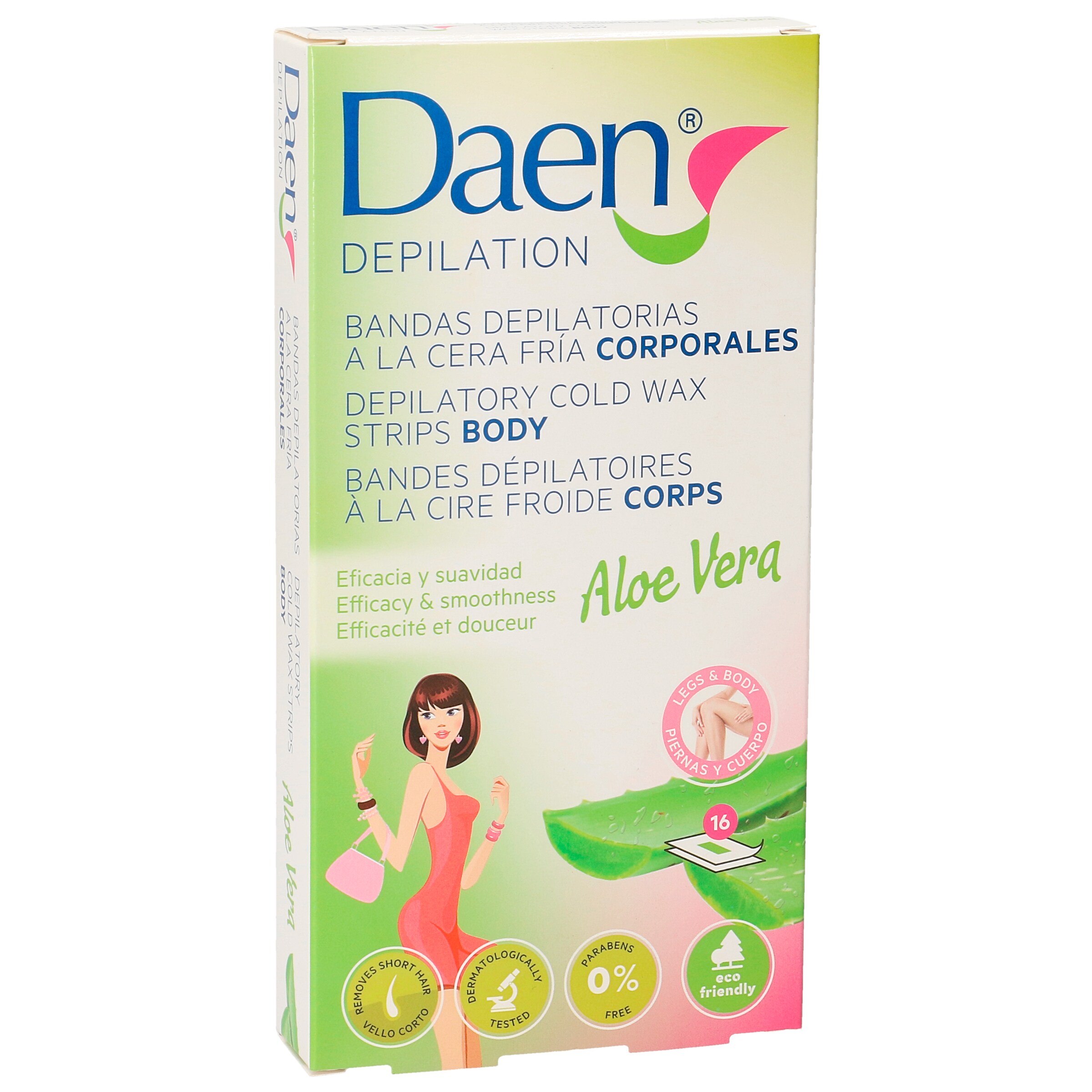 DAEN bandas depilatorias corporales cera fría aloe vera 16 uds