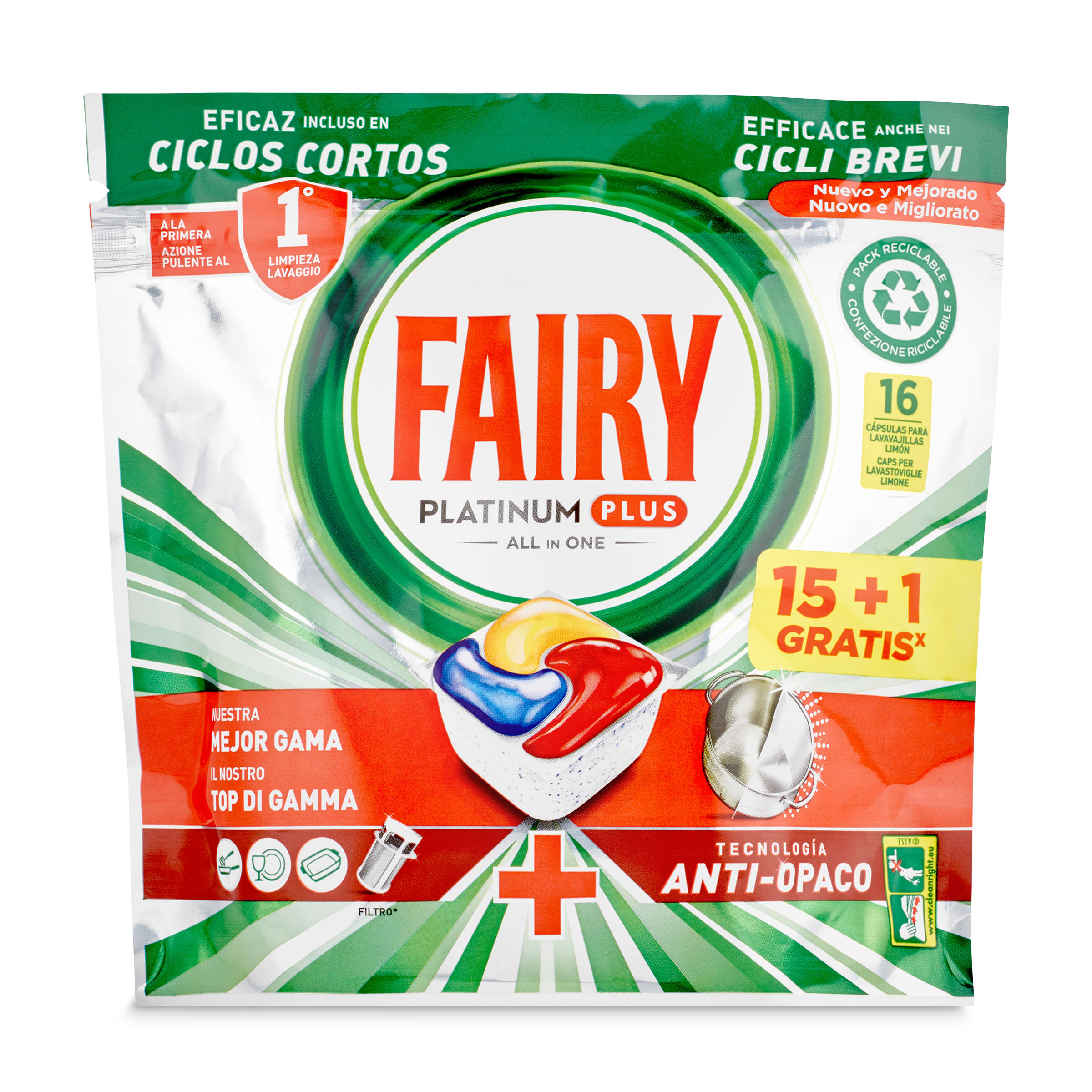 FAIRY lavavajillas máquina platinum plus limón bolsa 18 cápsulas