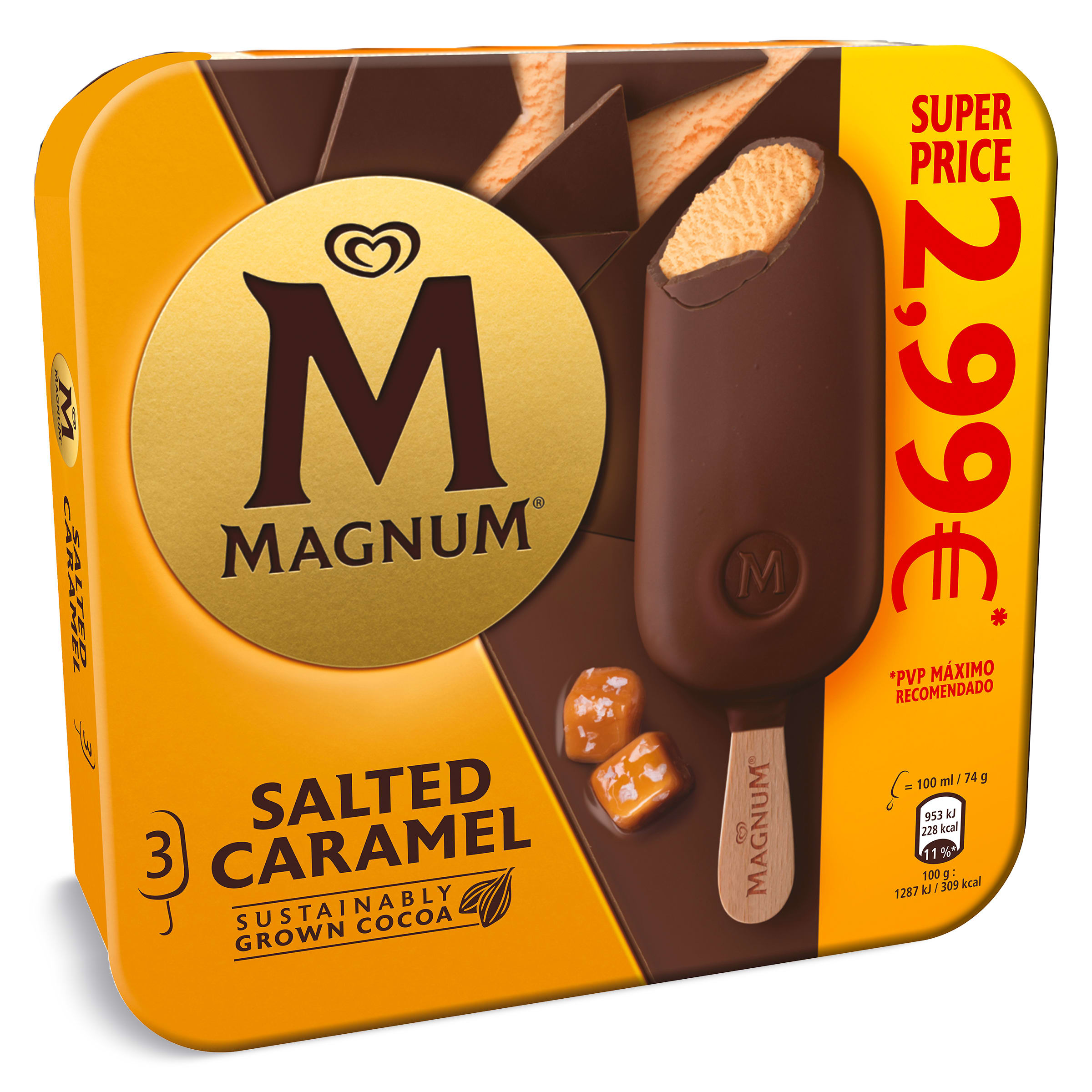 Helado bombón salted caramel 3 unidades Magnum caja 222 g