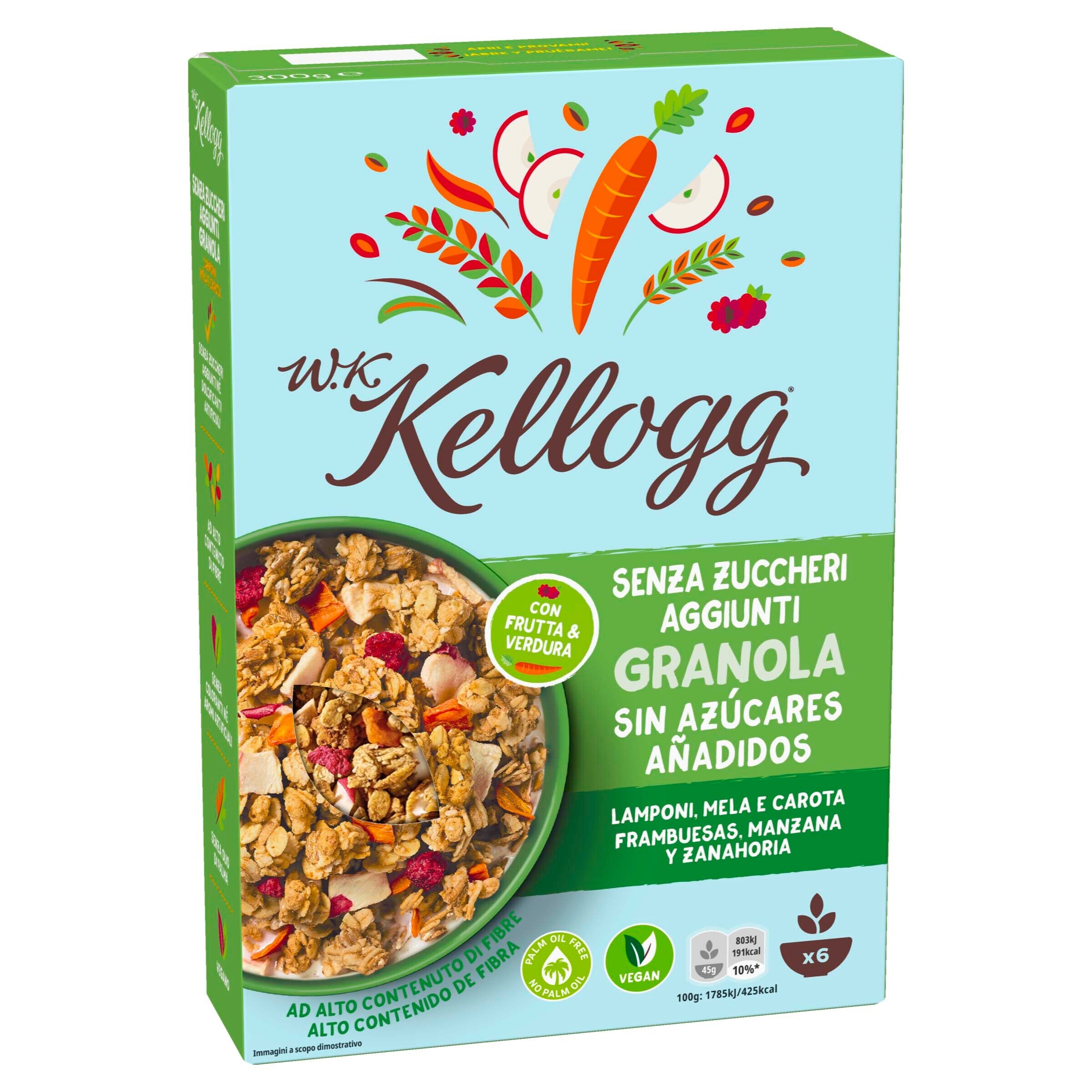 KELLOGGS cereales wk granola con frambuesa, manzana y zanahoria caja 300 gr