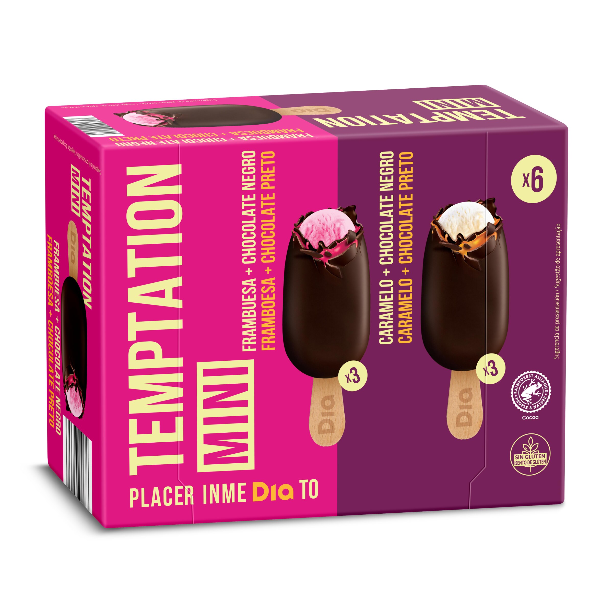 DIA TEMPTATION helado mini bombón doble caramelo y frambuesa caja 6 uds 240 gr