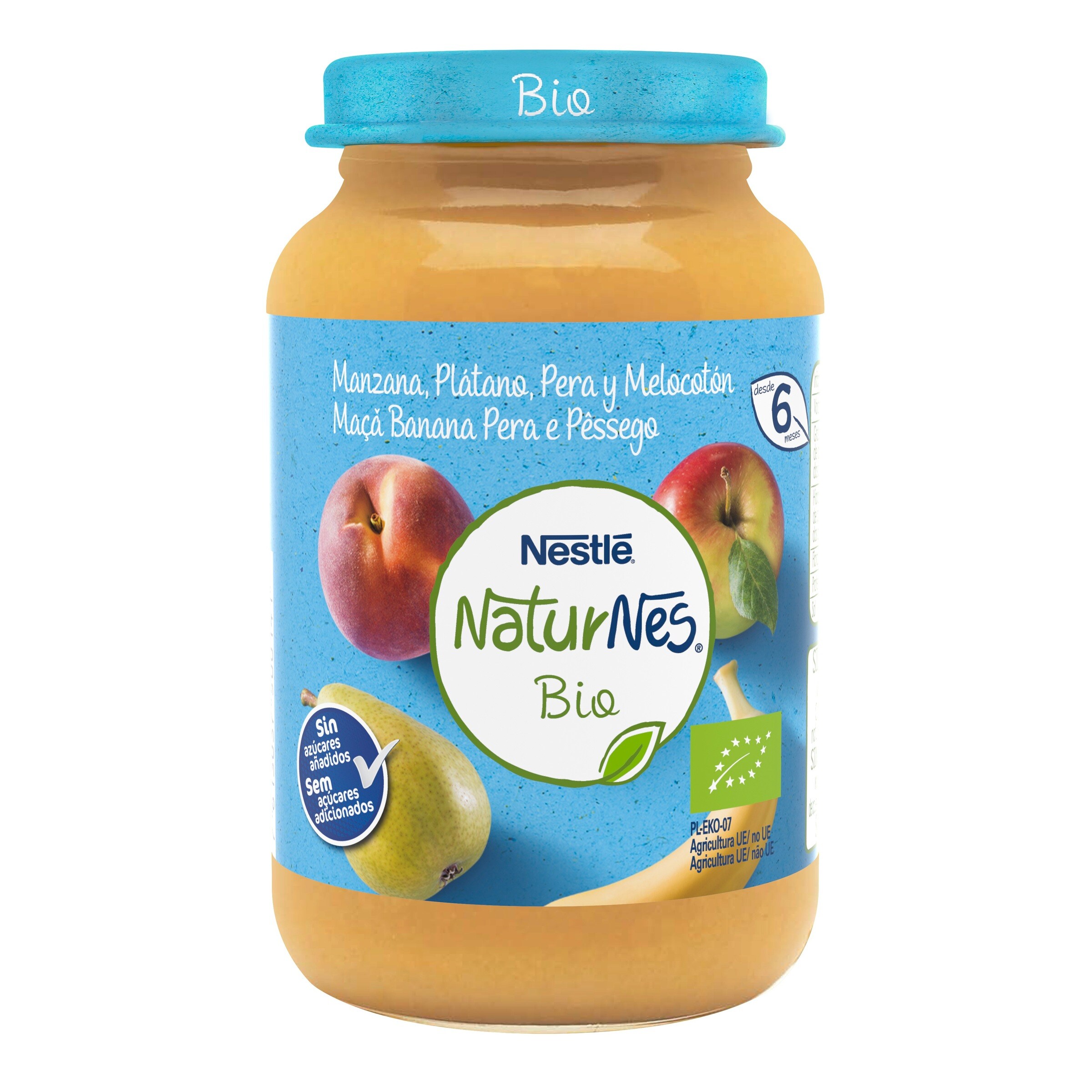 NESTLE Naturnes puré de manzana, plátano, pera y melocotón bio tarrito 190 gr