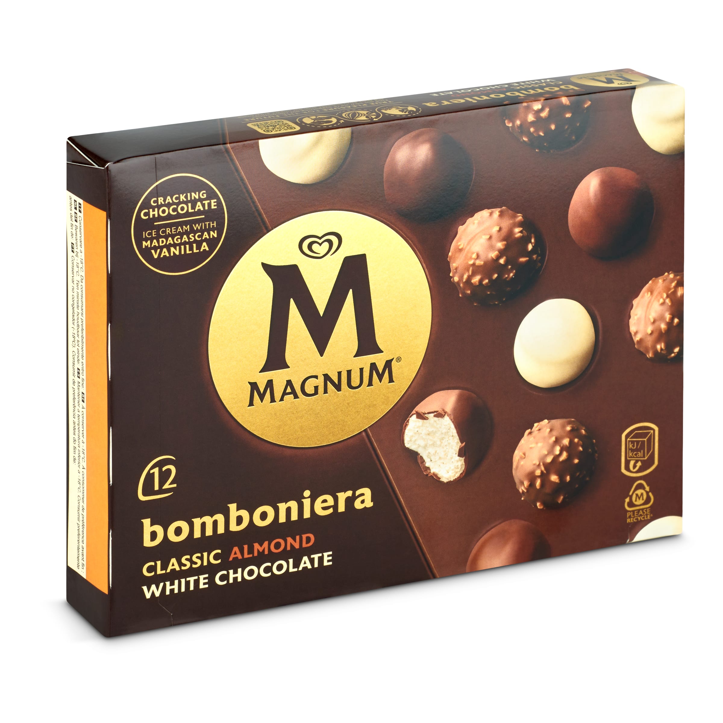 Bombones de helado de vainilla recubierto de chocolate, chocolate almendrado y chocolate blanco Magnum caja 104 g