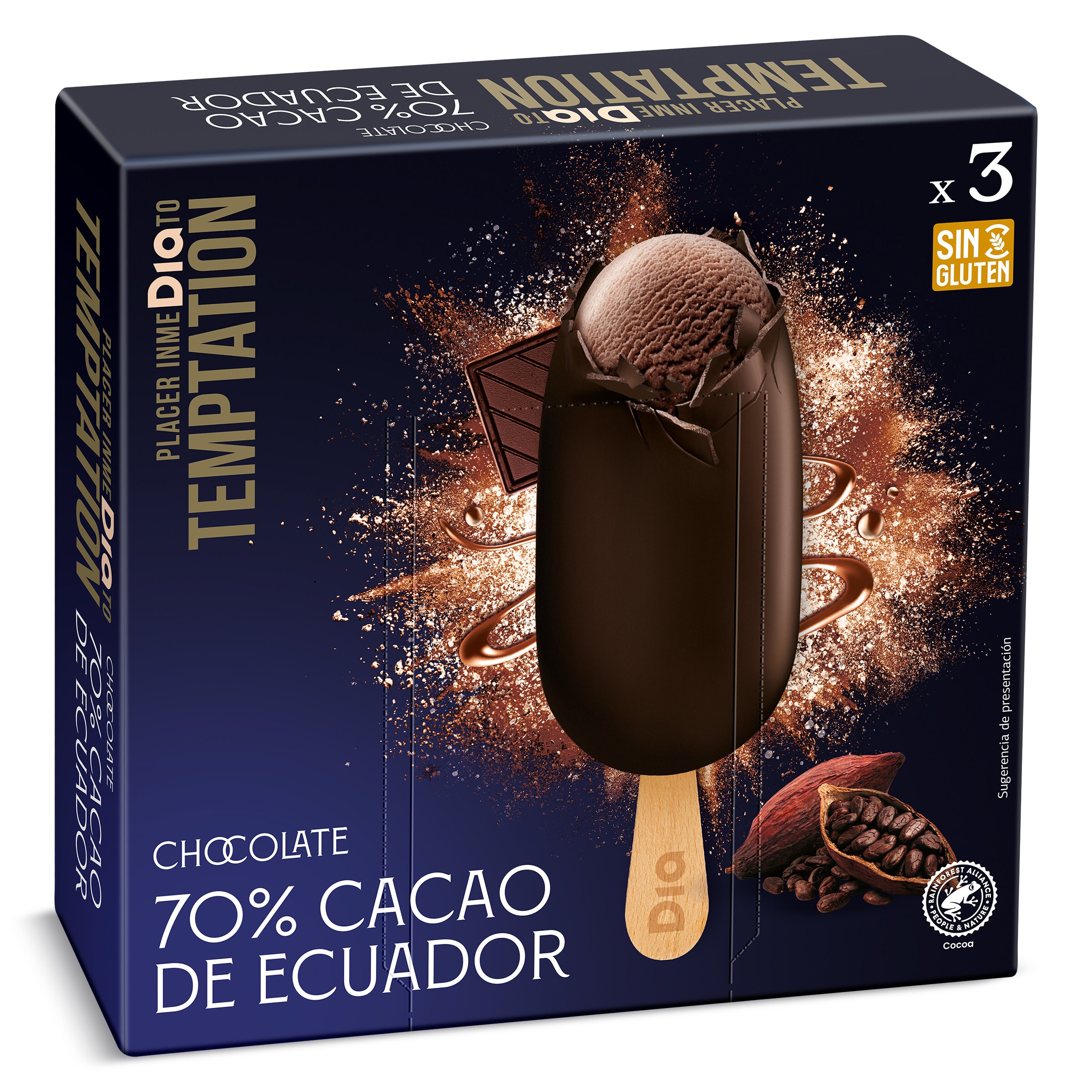 DIA TEMPTATION bombón de chocolate 70% cacao Ecuador caja 3 uds 200 gr