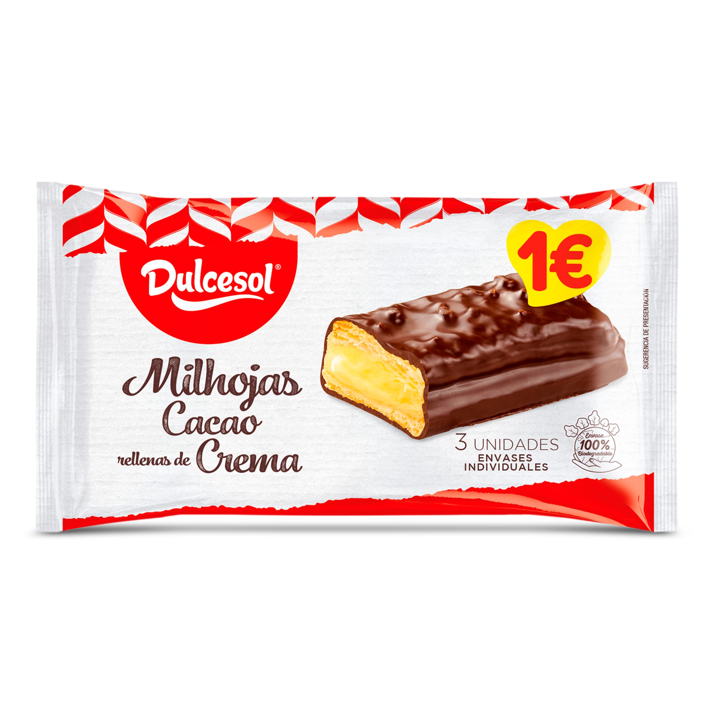 DULCESOL milhojas de cacao rellenas de crema paquete 3 uds 180 gr