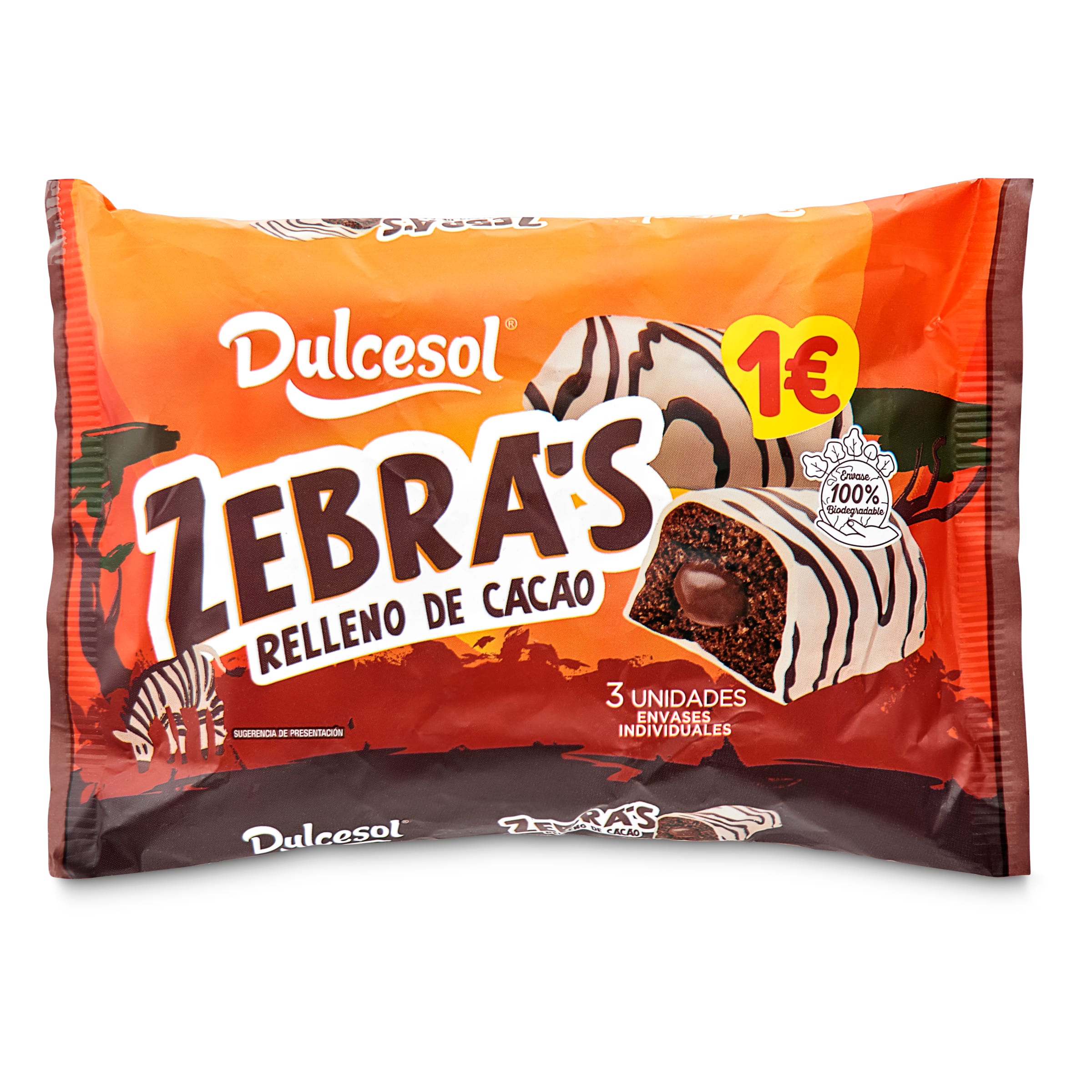 DULCESOL bombón zebra relleno de cacao paquete 3 uds 135 gr