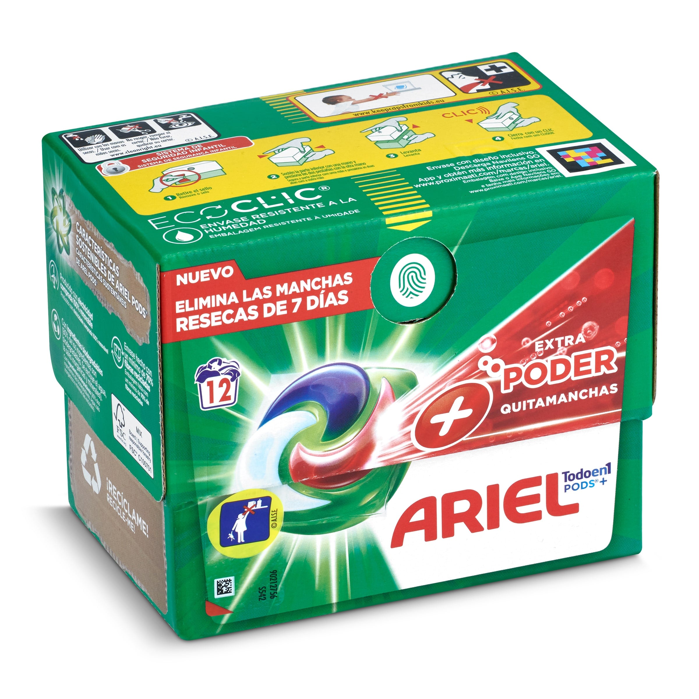 Ariel Pods+ Estra Poder Quitamanchas Detergente elimina manchas resecas  incluso en frío 12 cápsulas