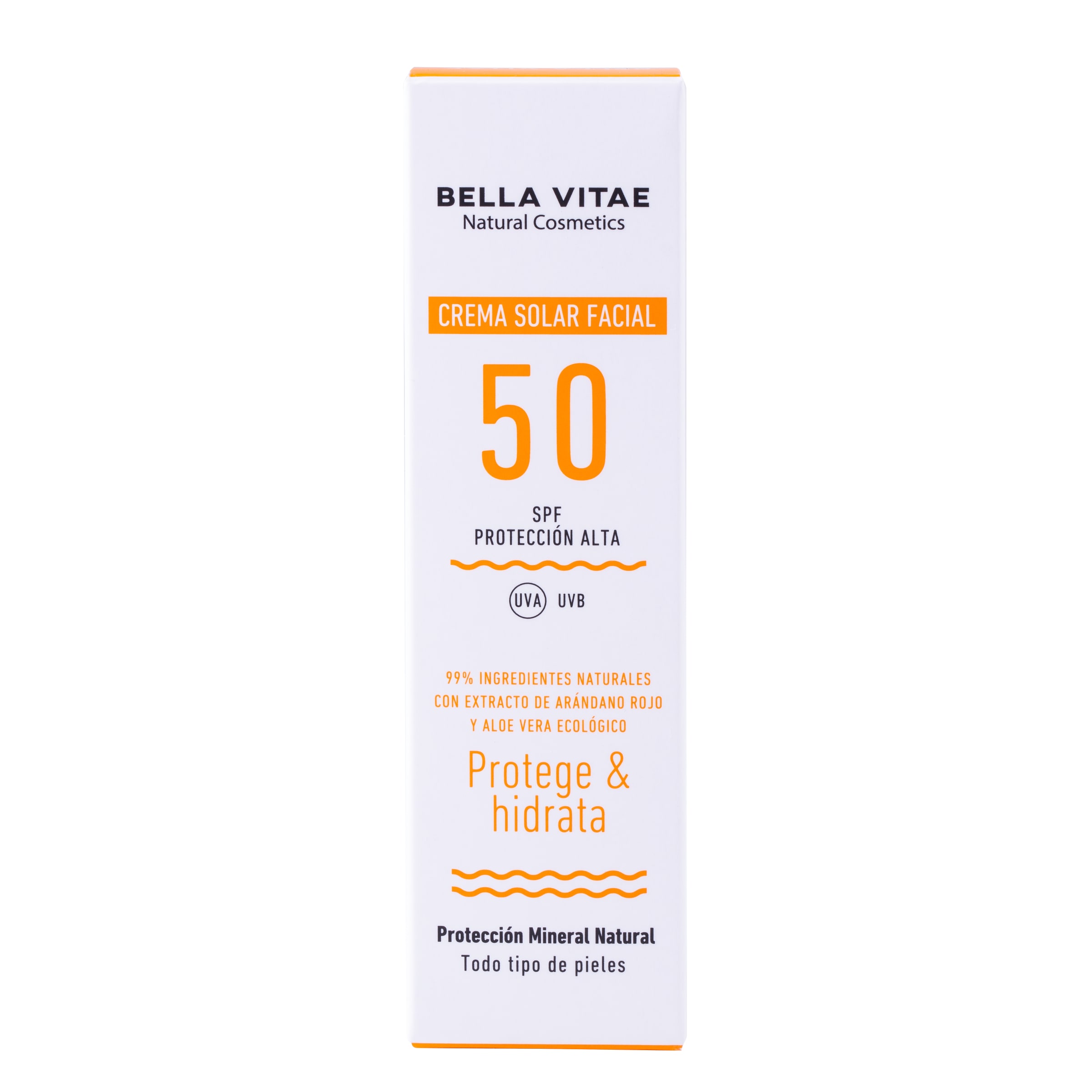 Crema solar facial 99% ingredientes naturales spf 50 Bella vitae 50 ml