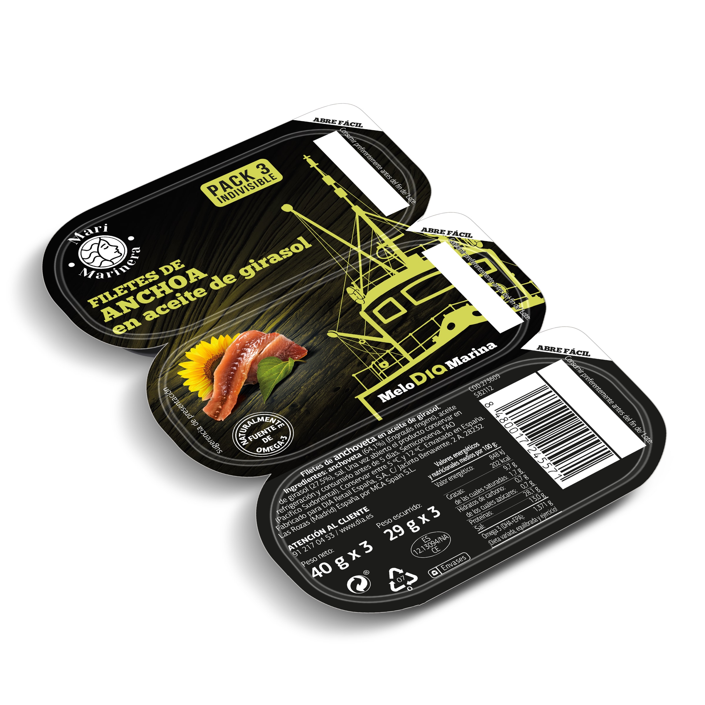 DIA MARI MARINERA anchoas en aceite de girasol pack 3 uds 87 gr