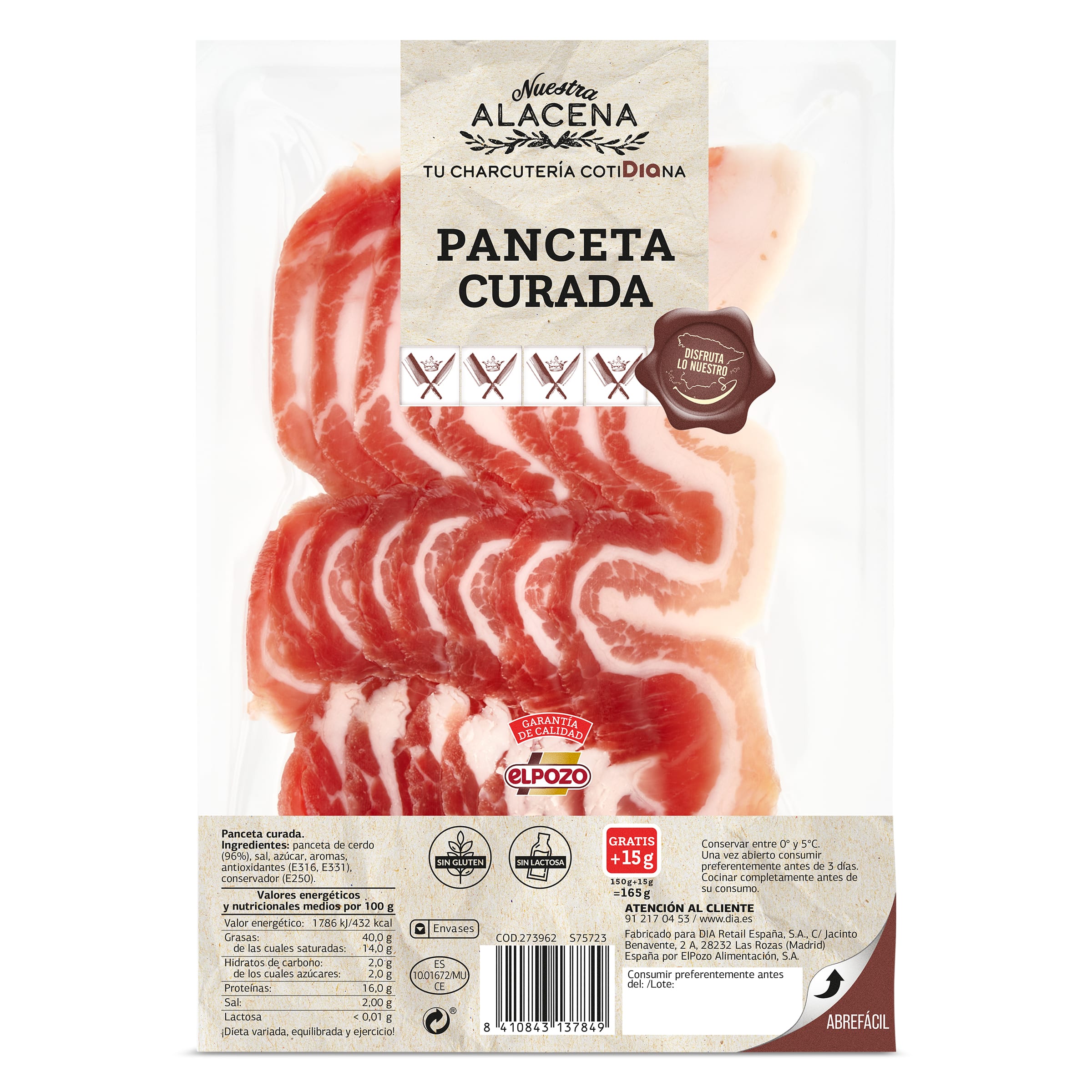 DIA NUESTRA ALACENA panceta curada en lonchas envase 150 gr