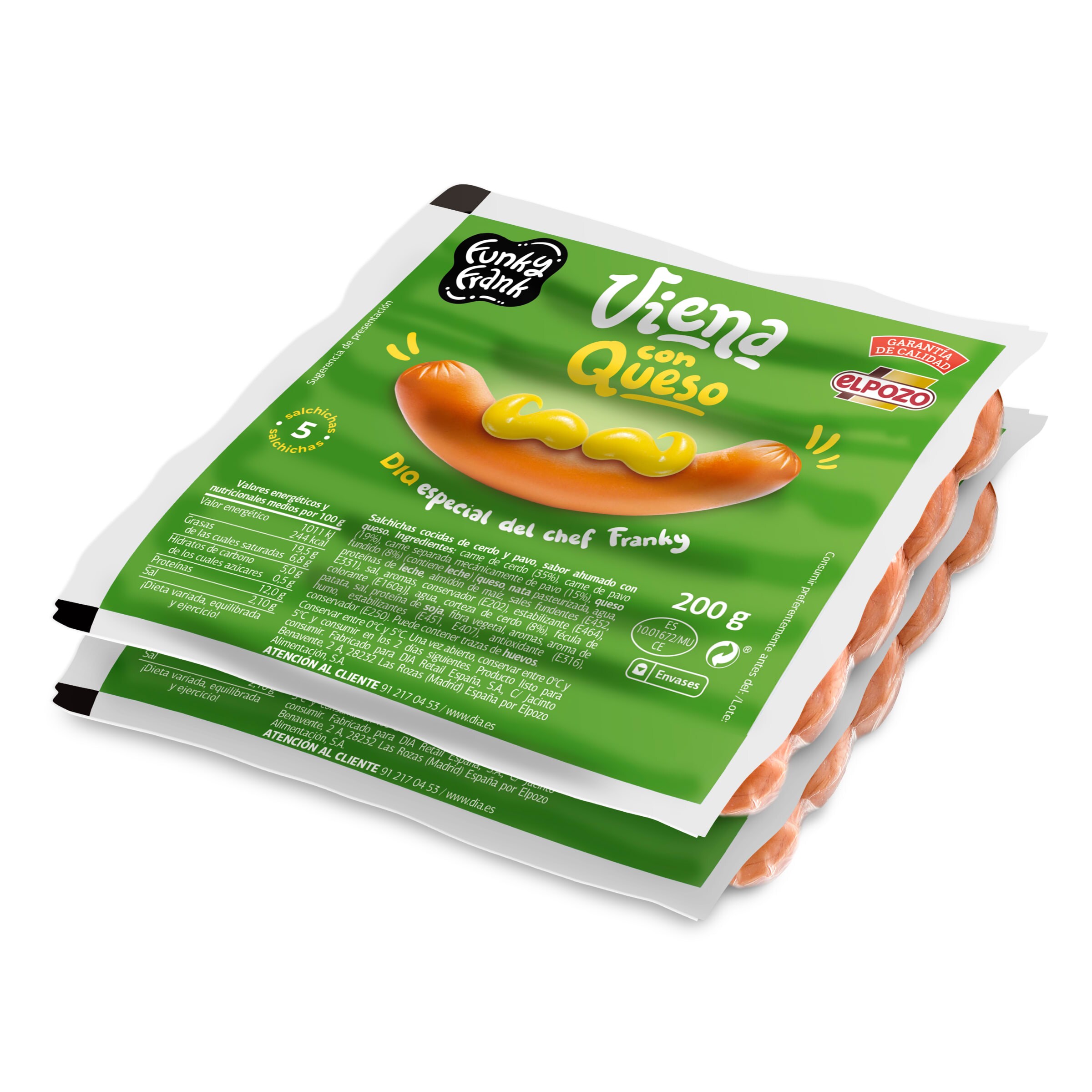 DIA FUNKY FRANK salchichas Viena con queso pack 2 x 200 gr