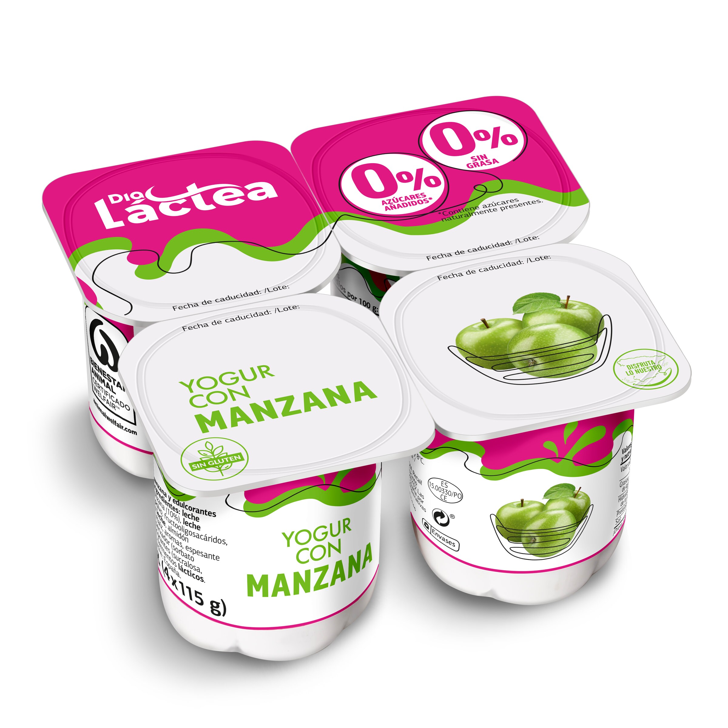 DIA LACTEA yogur con manzana doble 0% pack 4 unidades 115 gr