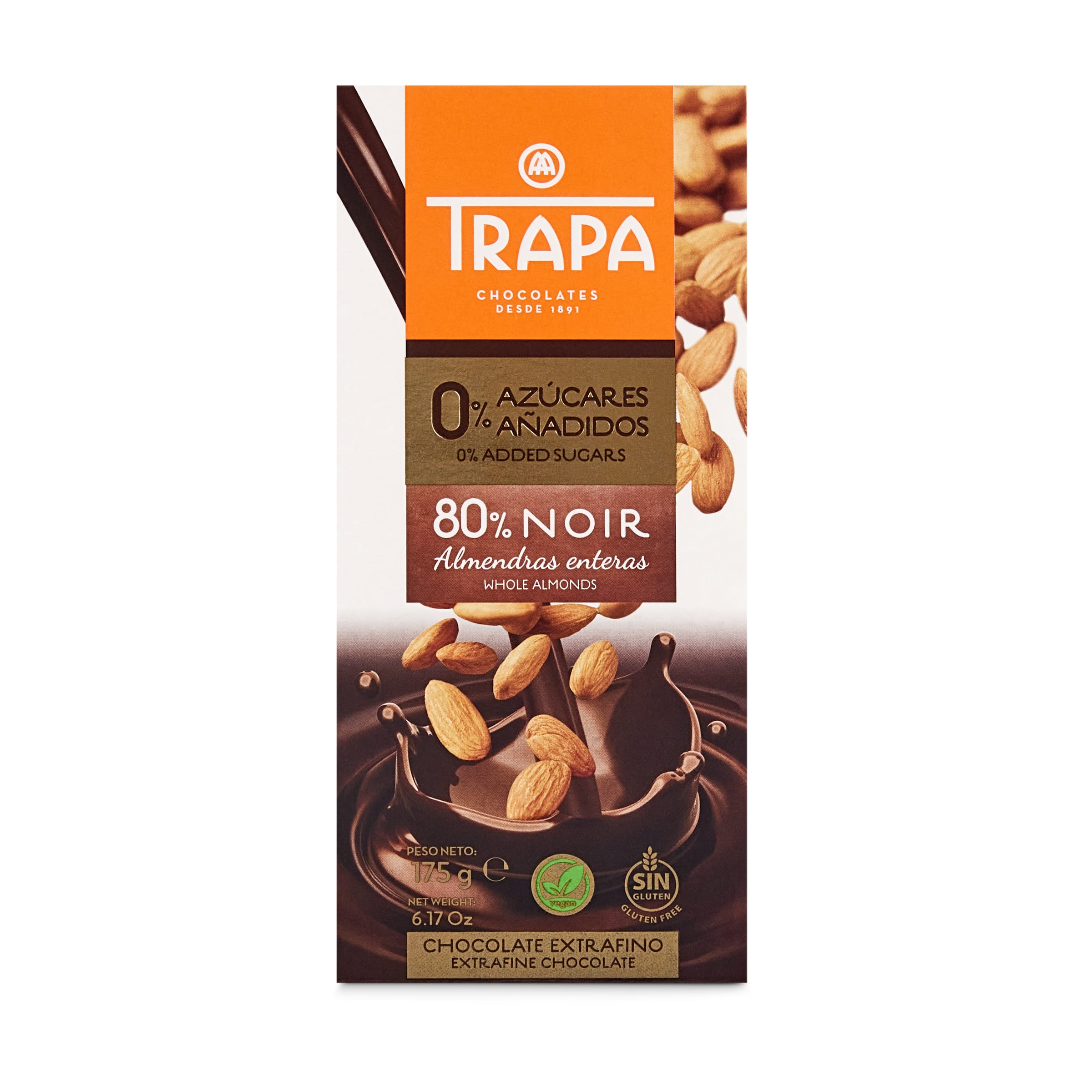 TRAPA chocolate con almendras 80% Noir 0% azucares añadidos tableta 175 gr