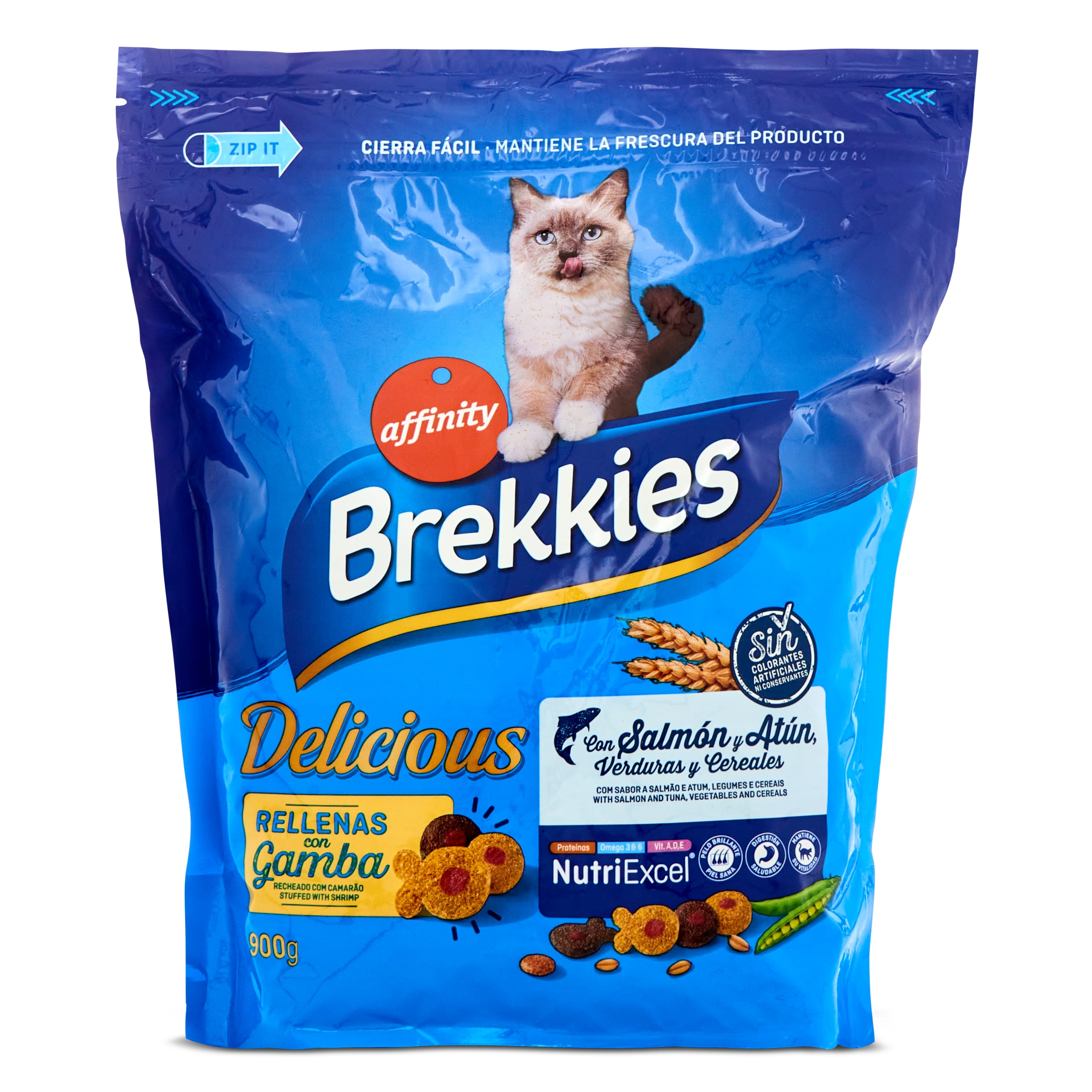 BREKKIES alimento para gatos con salmón y atún rellenas de gamba bolsa 900 gr