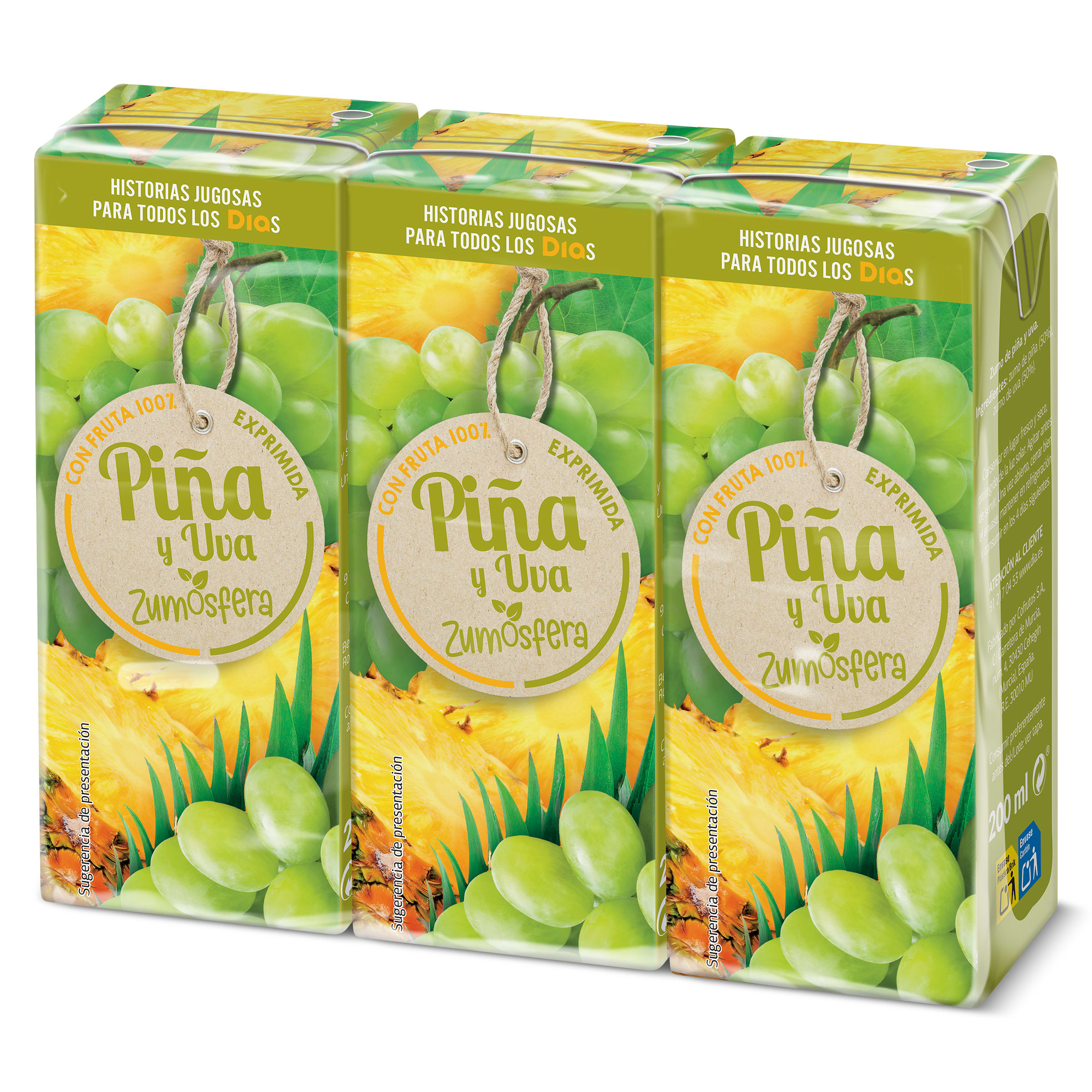 DIA ZUMOSFERA zumo de piña y uva 100% pack 3 unidades 200 ml