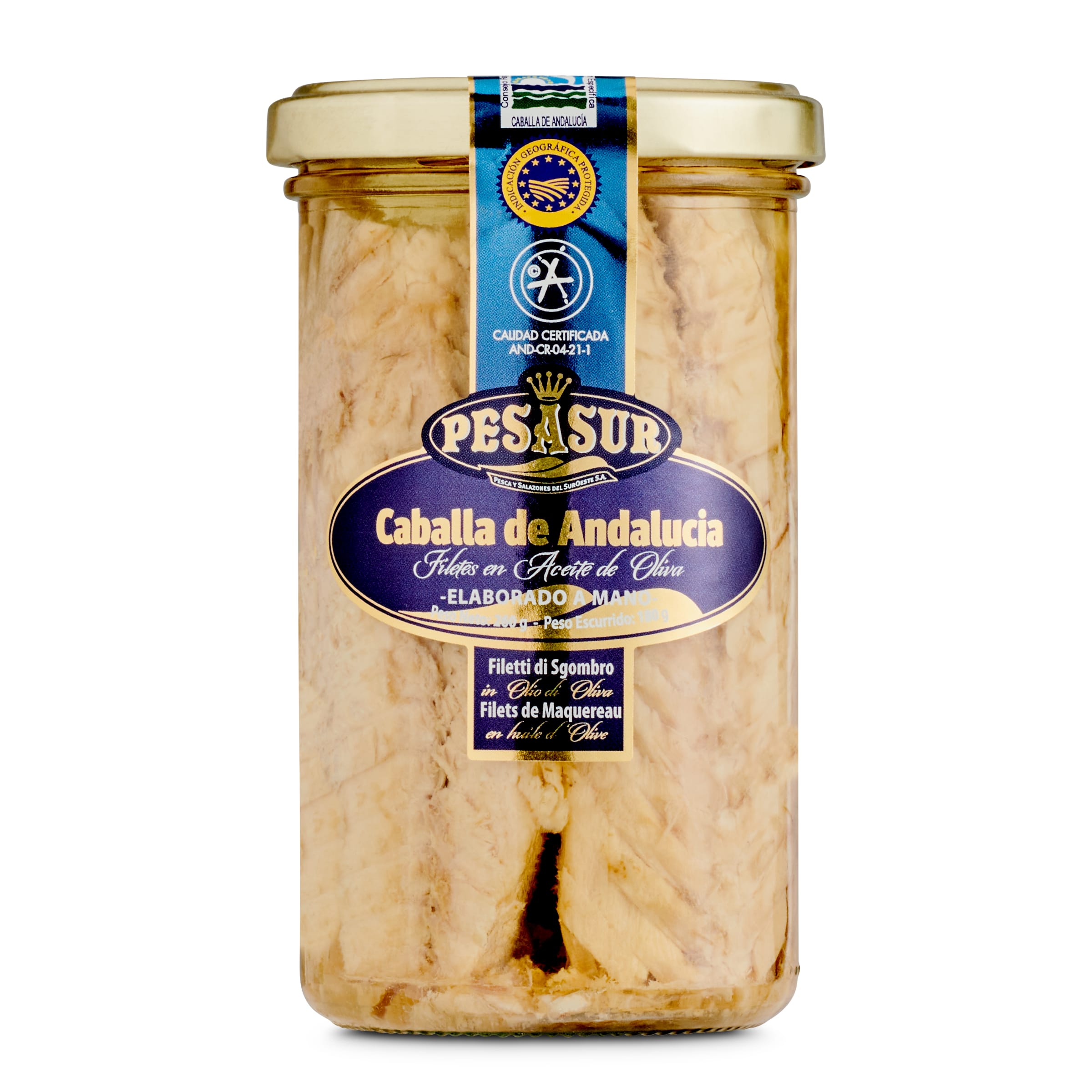 PESASUR filete de caballa en aceite de oliva frasco 180 gr