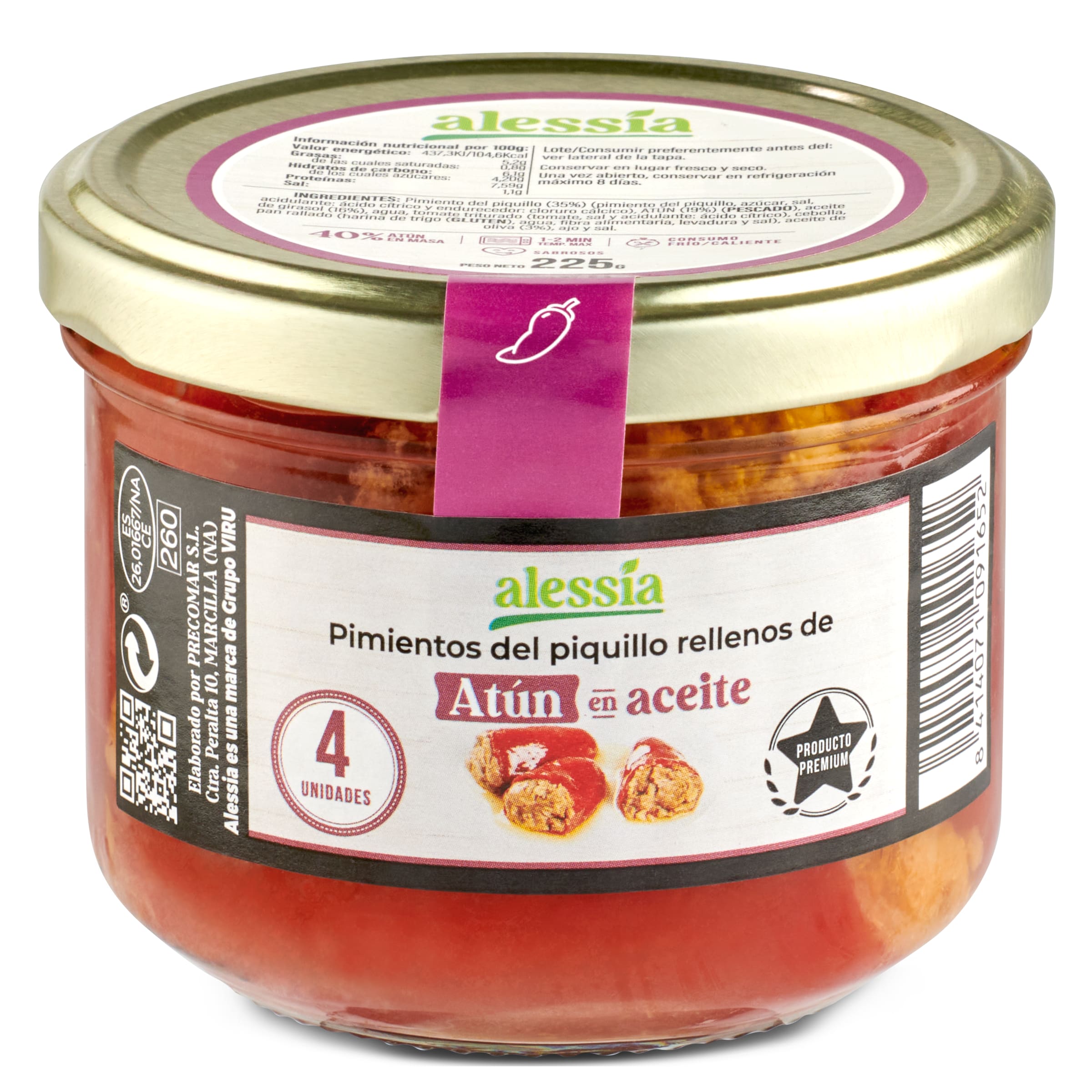 PRECOMAR pimientos del piquillo rellenos de atún frasco 225 gr