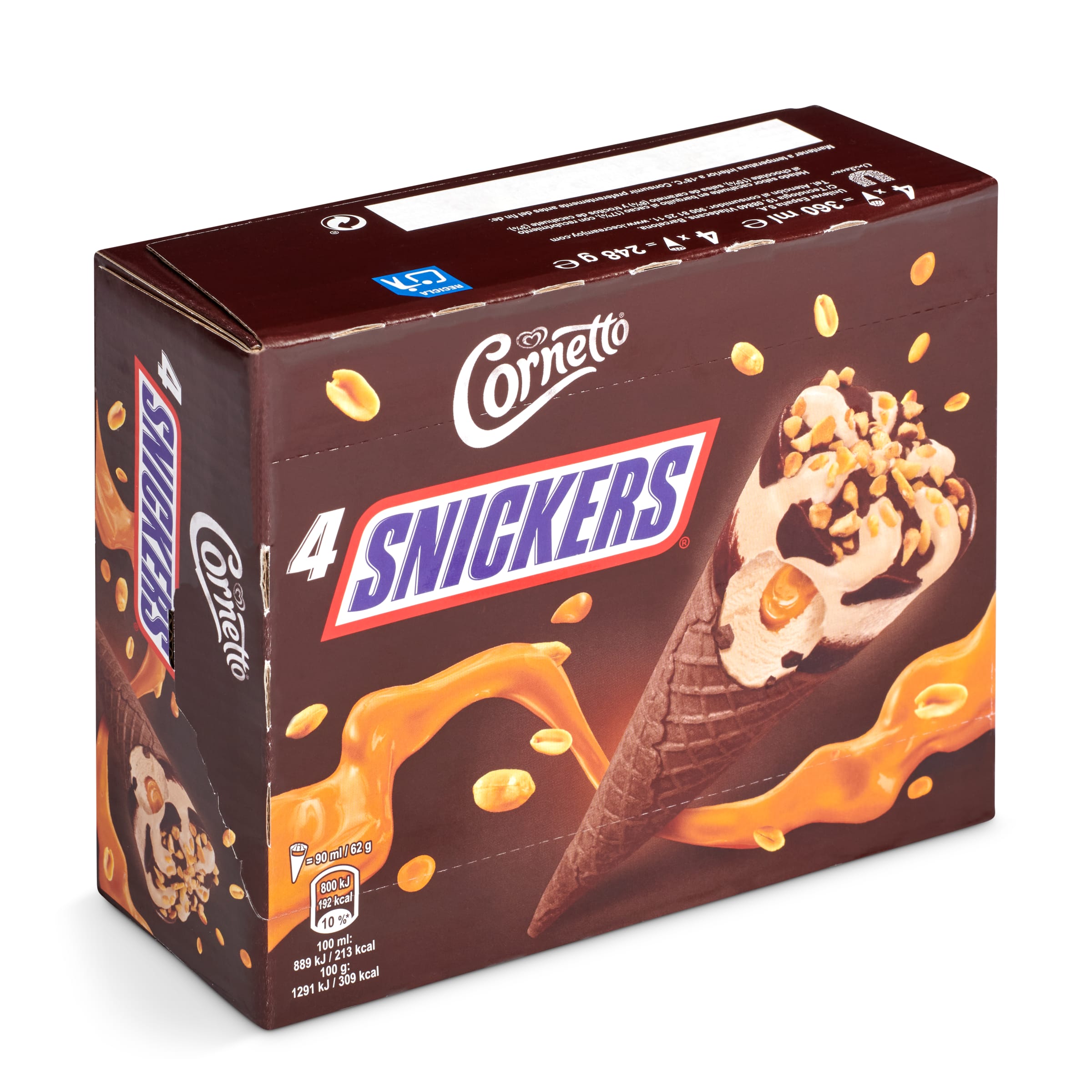 CORNETTO helado cono snickers pack 4 uds 248 gr