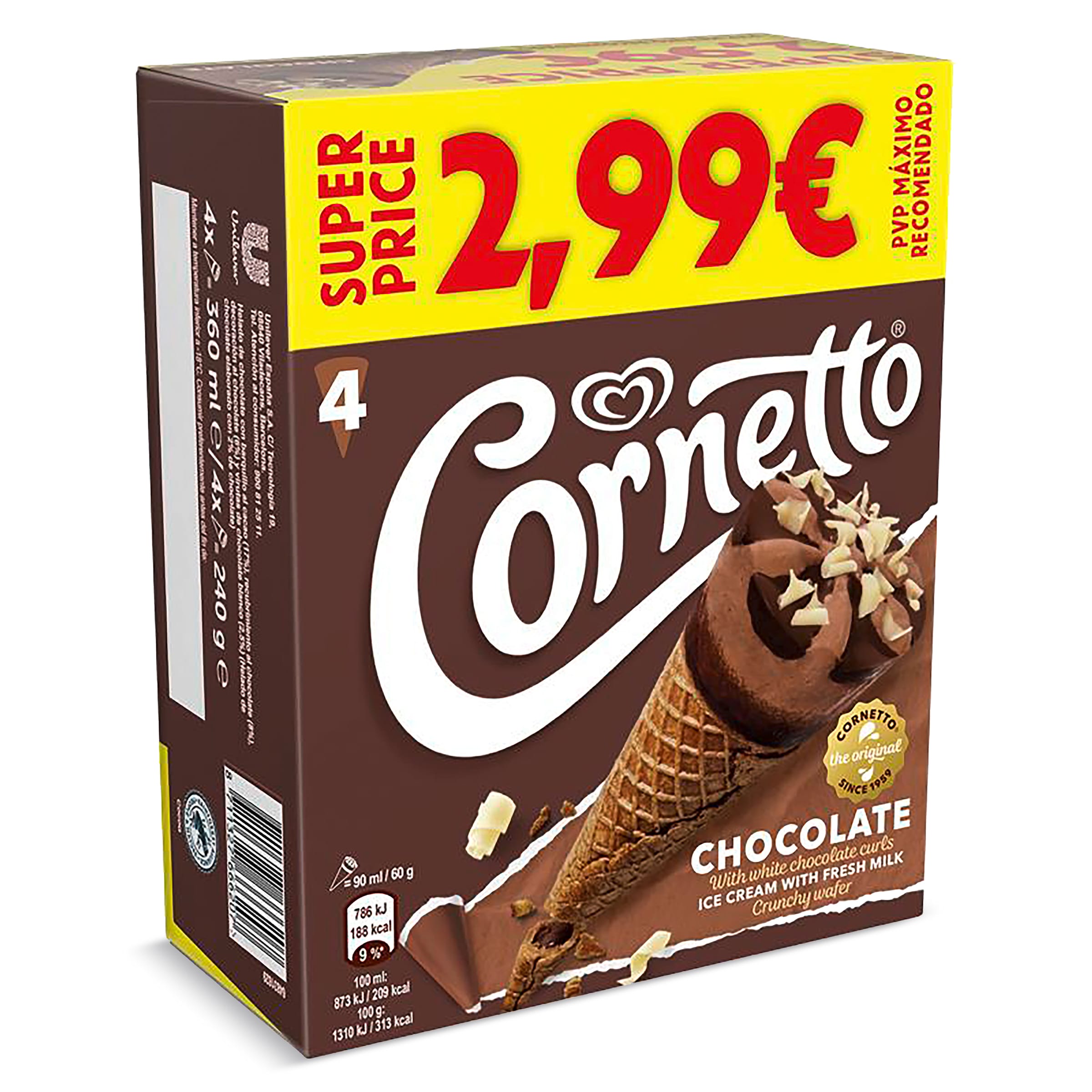 Helado cono de chocolate 4 unidades Cornetto caja 240 g
