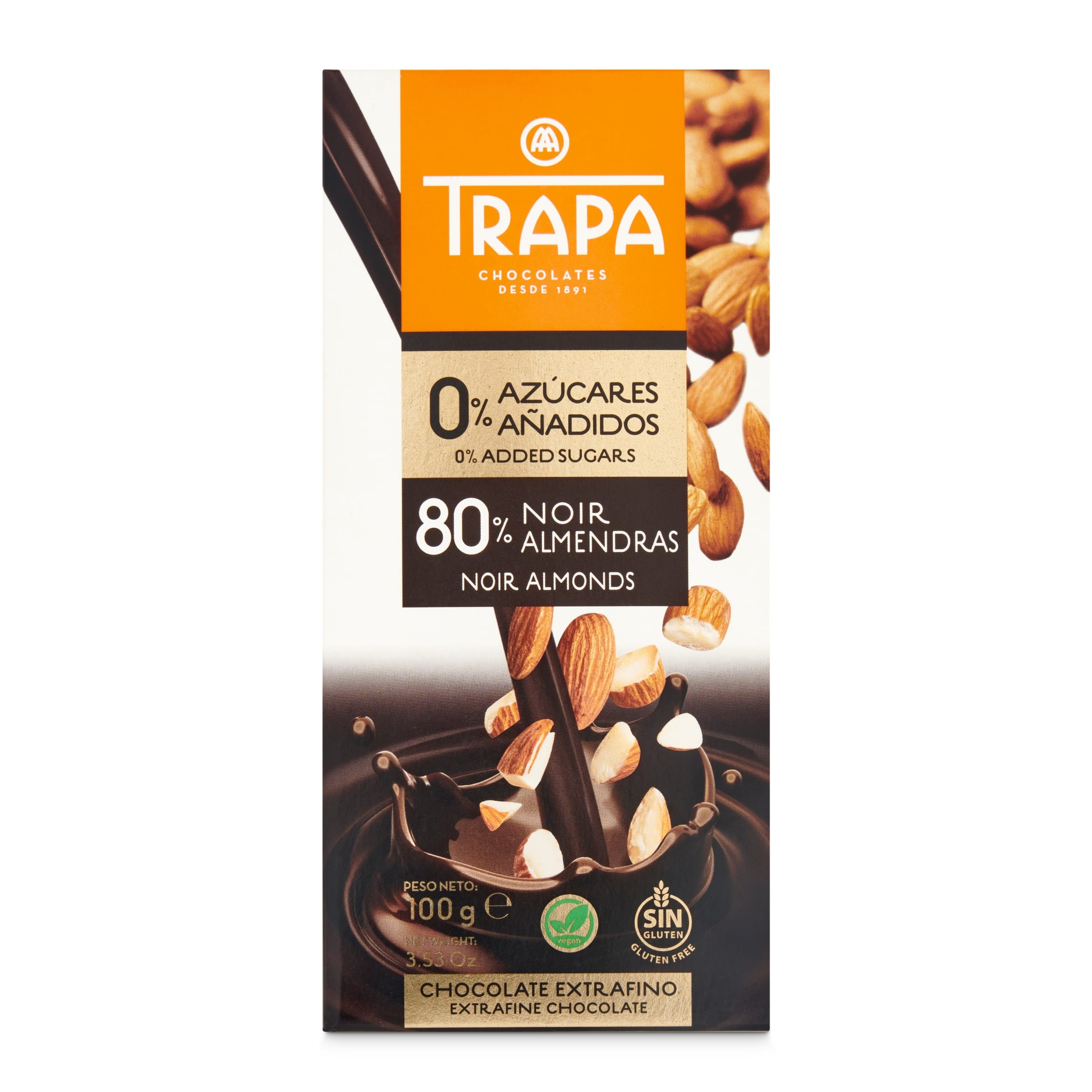 TRAPA chocolate negro con almendras 80% sin azucar añadido tableta 100 gr