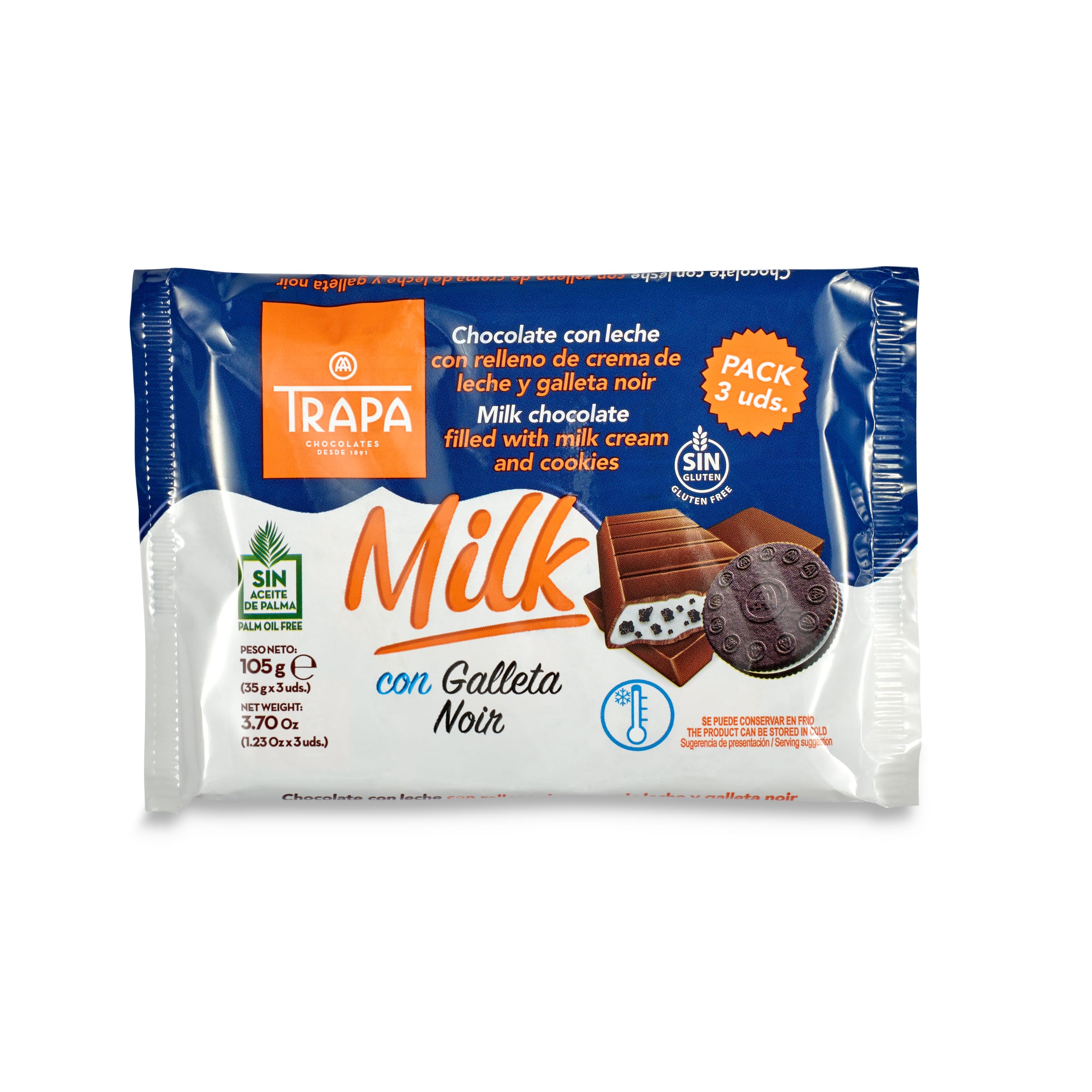 TRAPA barritas de chocolate con leche con galleta noir pack 3 uds 35 gr