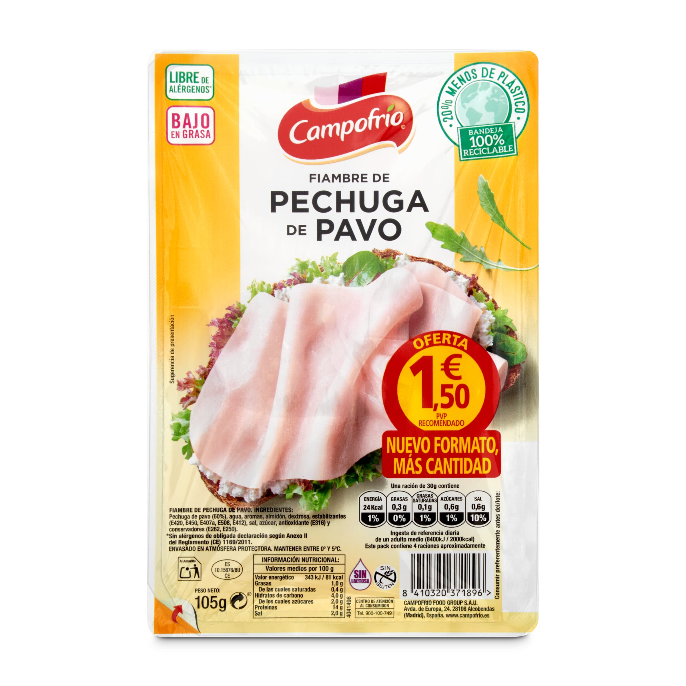 CAMPOFRÍO pechuga de pavo en lonchas envase 105 gr