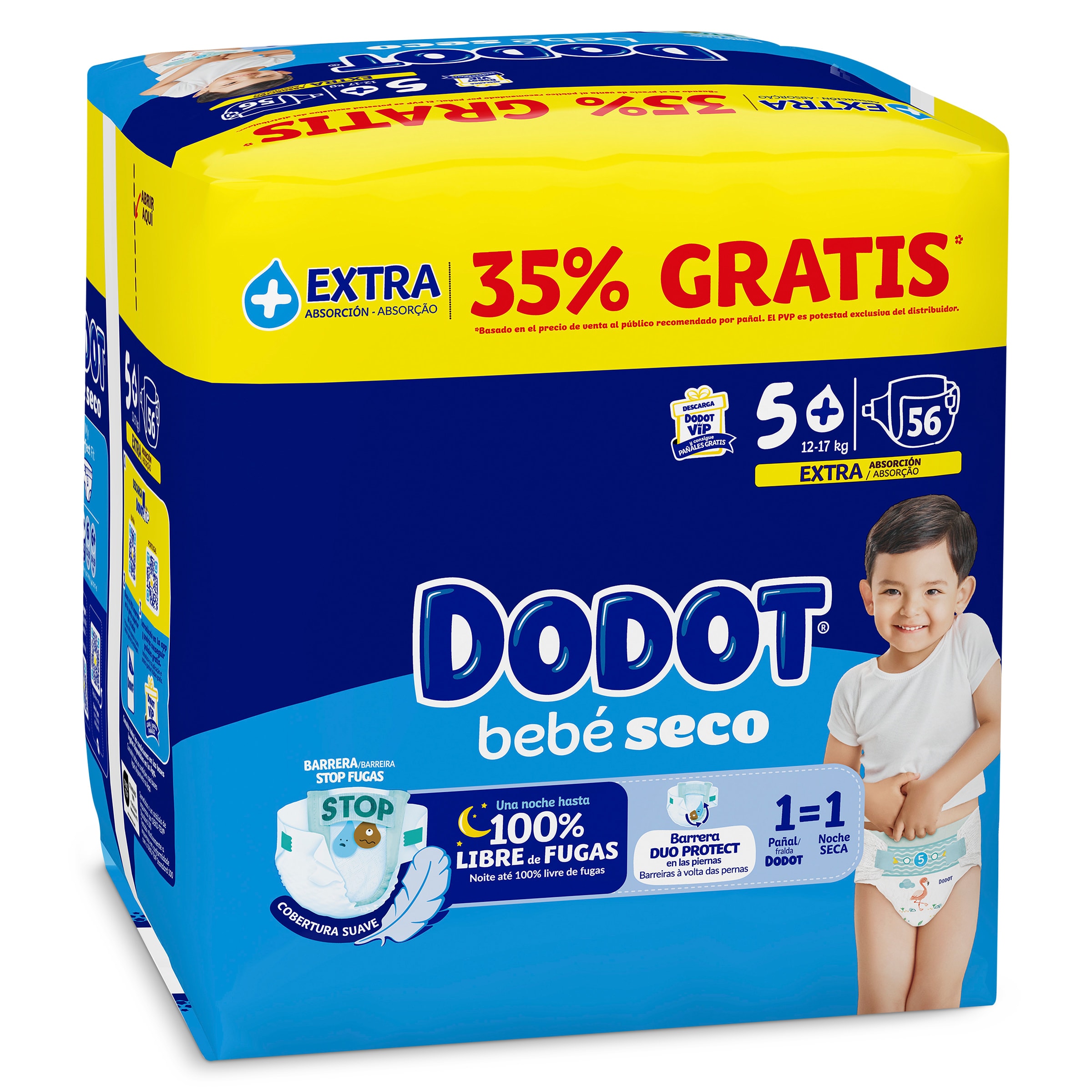 Pañales 12-17 kg talla 5 Dodot 56 unidades
