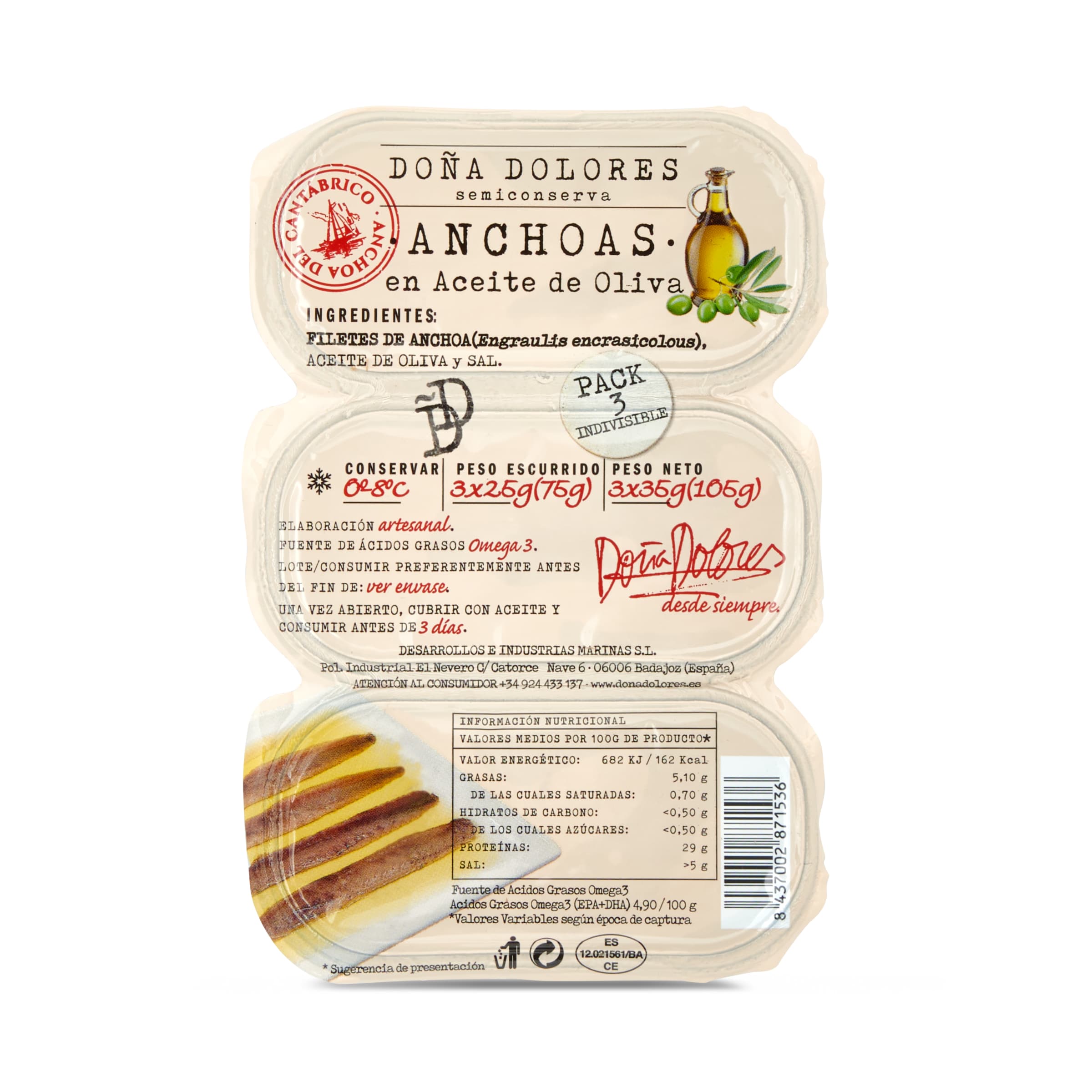 DOÑA DOLORES anchoas del Cantábrico en aceite de oliva pack 3 x 25 gr