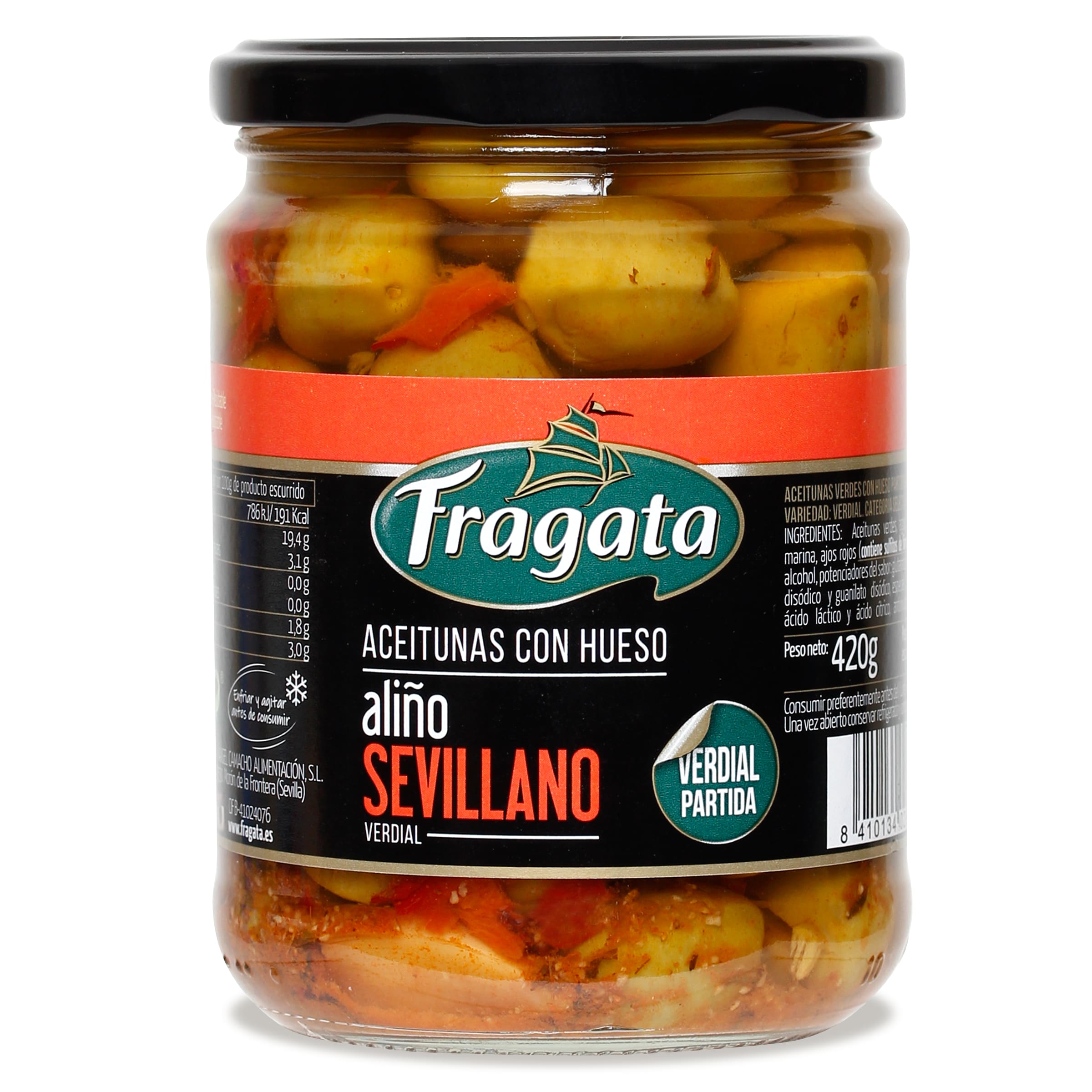 FRAGATA aceitunas con hueso aliño sevillano frasco 250 gr