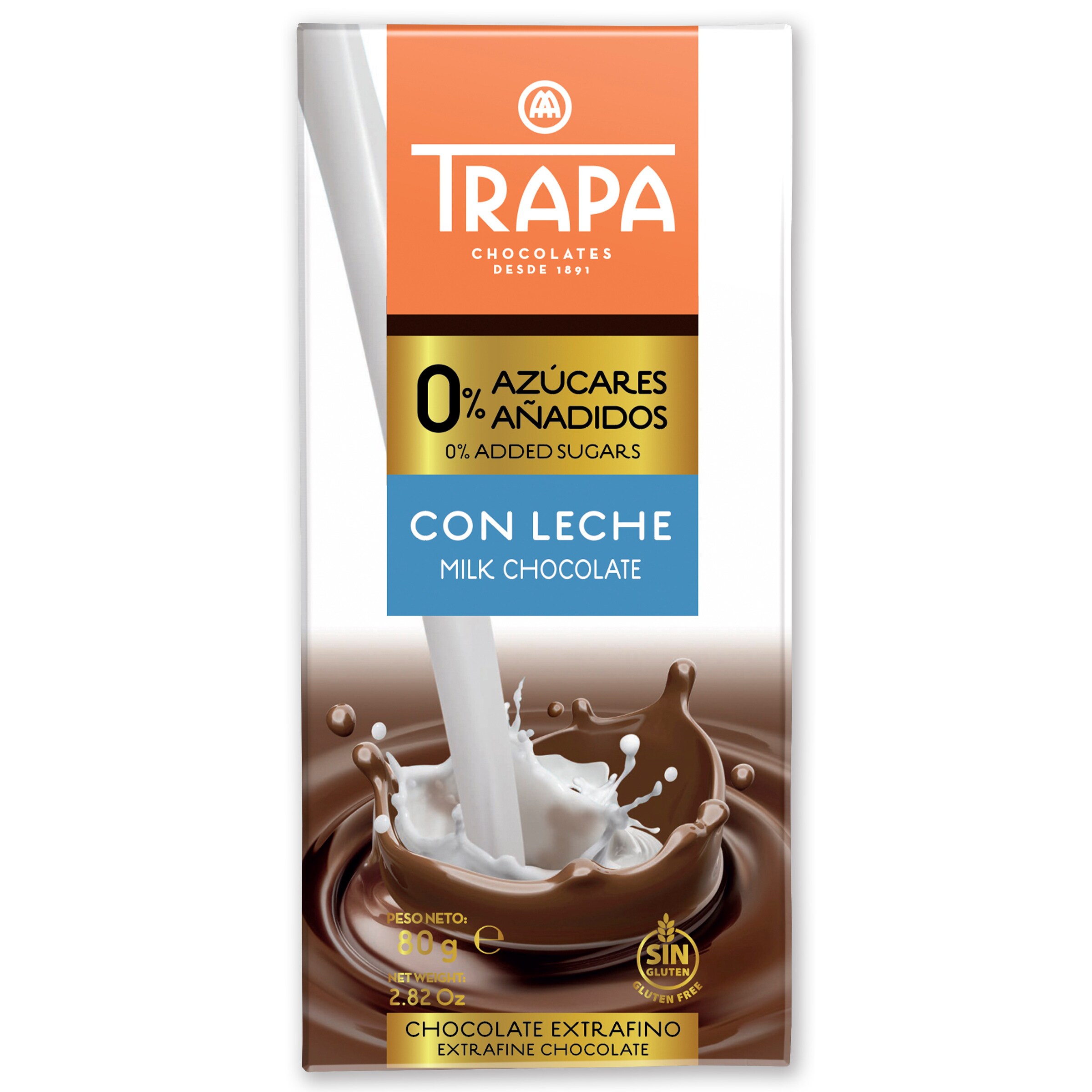 TRAPA chocolate con leche 0% sin azúcares añadidos tableta 80 gr