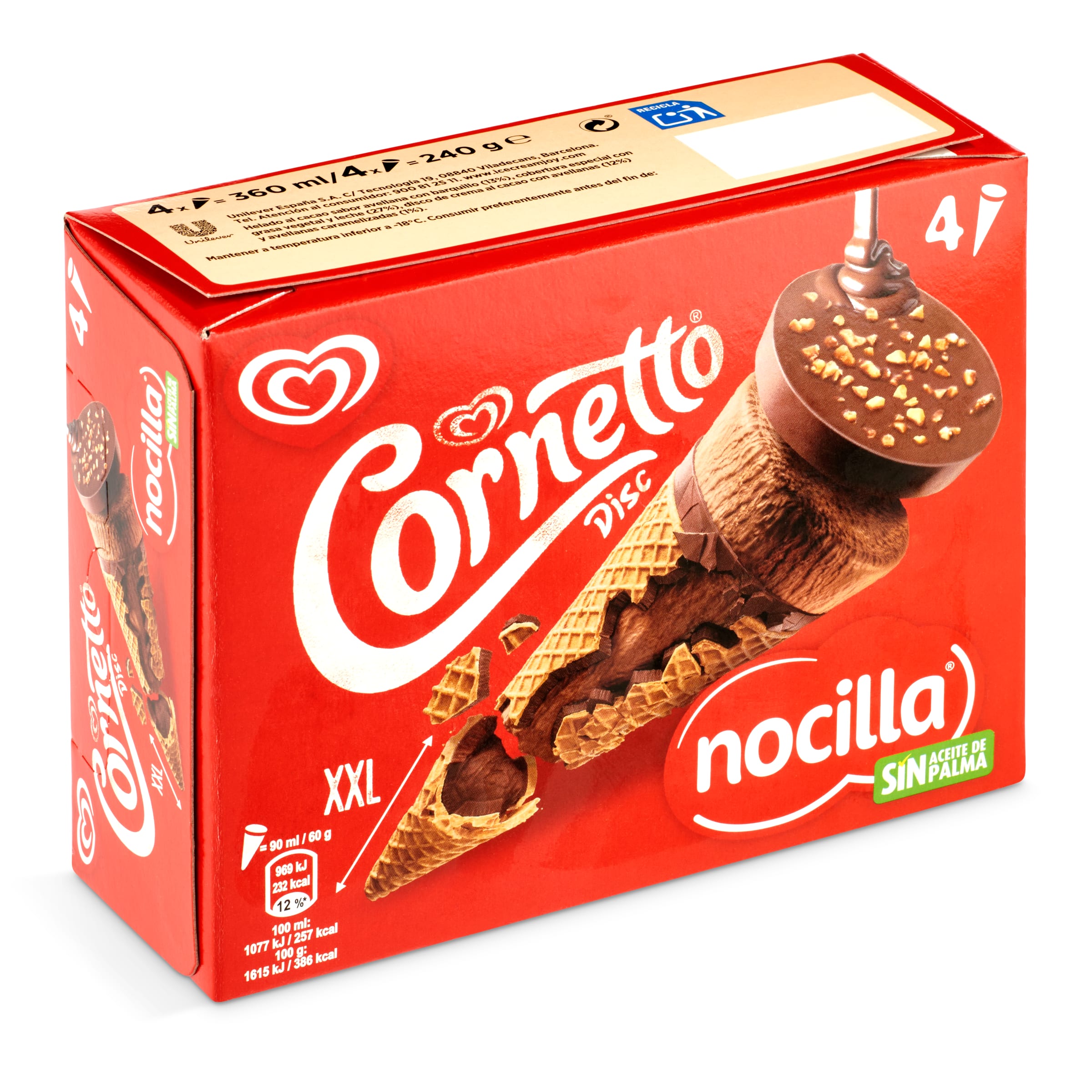 CORNETTO helado cono sabor nocilla con trozos de avellanas caja 4 uds 240 gr